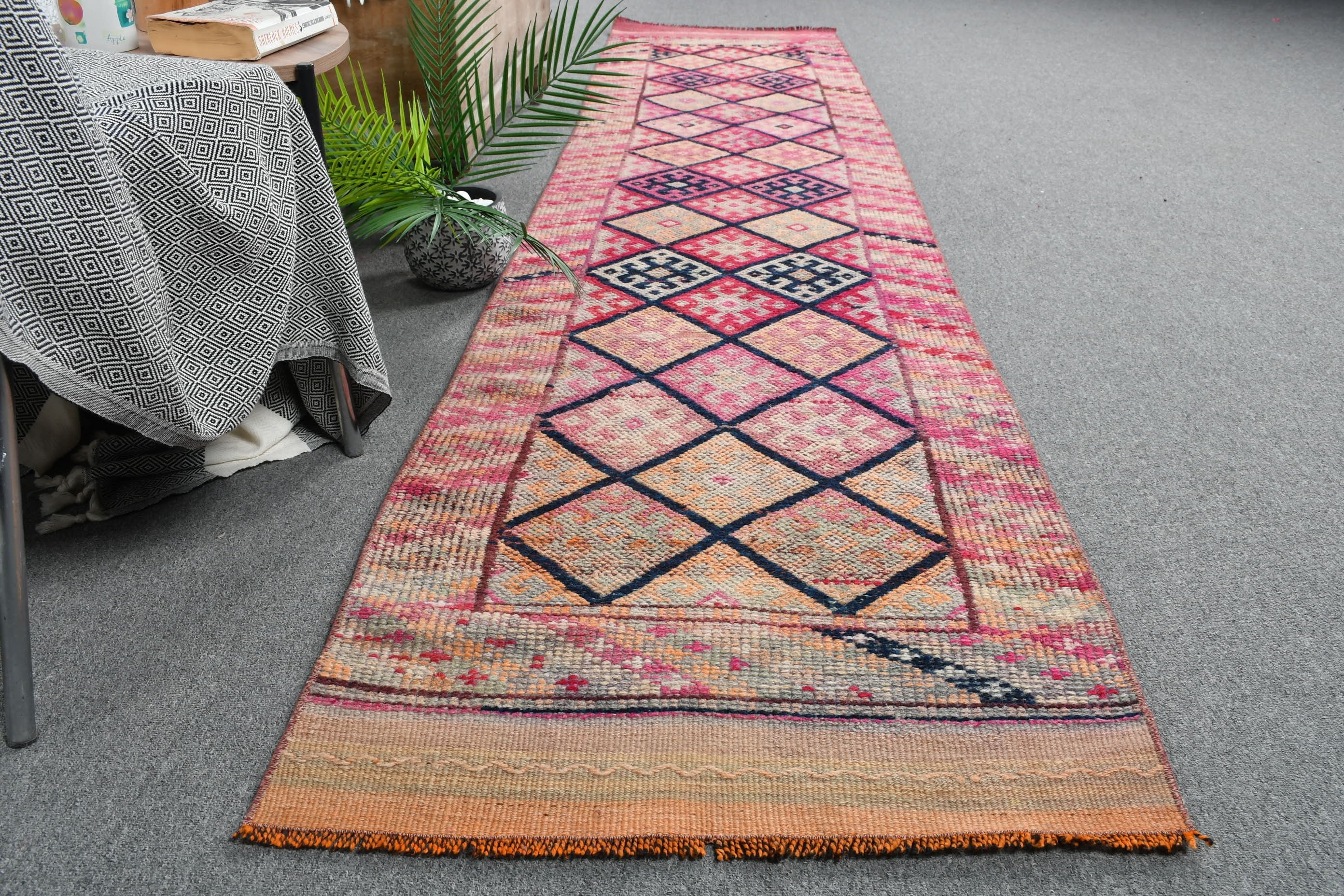 Pink Oriental Rug, 2.3x10.7 ft Runner Rug, Corridor Rug, Cool Rug, Vintage Rug, Turkish Rugs, Hallway Rug, Rugs for Hallway, Kitchen Rugs