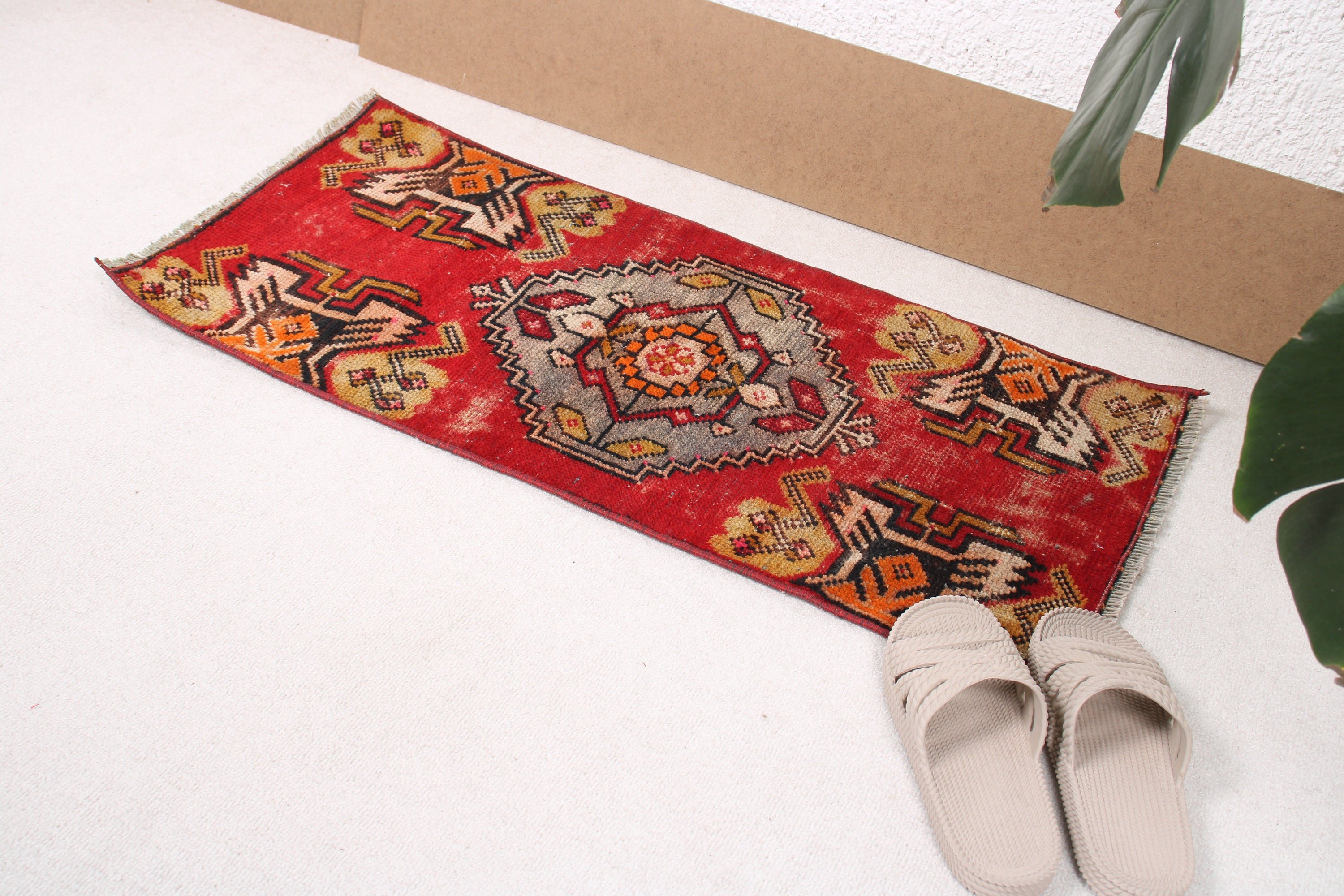 Oriental Rug, Entry Rugs, 1.4x3 ft Small Rug, Vintage Rug, Rugs for Door Mat, Red Geometric Rug, Flatweave Rug, Bath Rugs, Turkish Rug