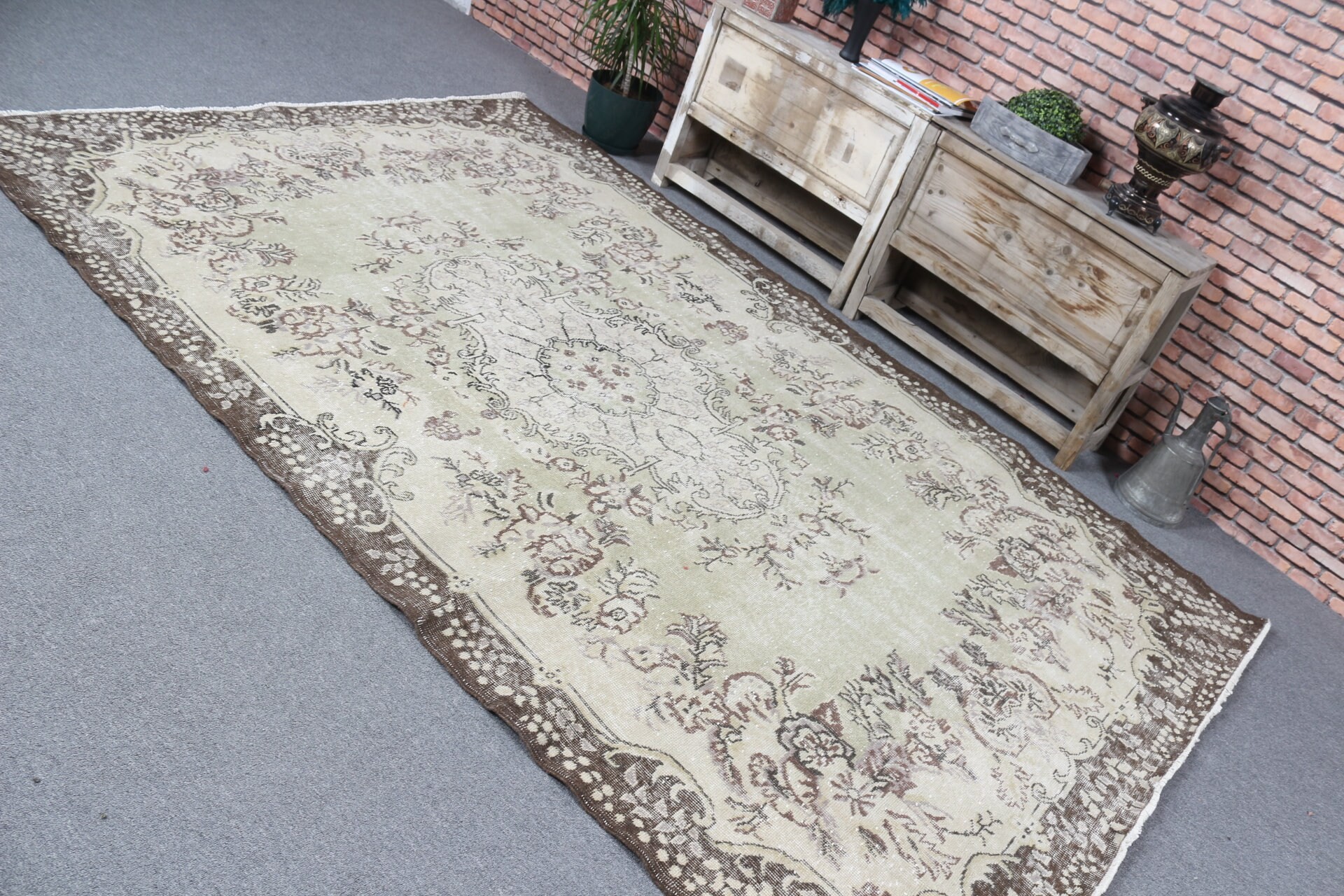 Yeşil Yün Halı, Mutfak Halıları, Vintage Halı, Yatak Odası Halısı, Salon Halıları, Yer Halıları, Oturma Odası Halısı, Türk Halısı, 6x9,3 ft Büyük Halılar