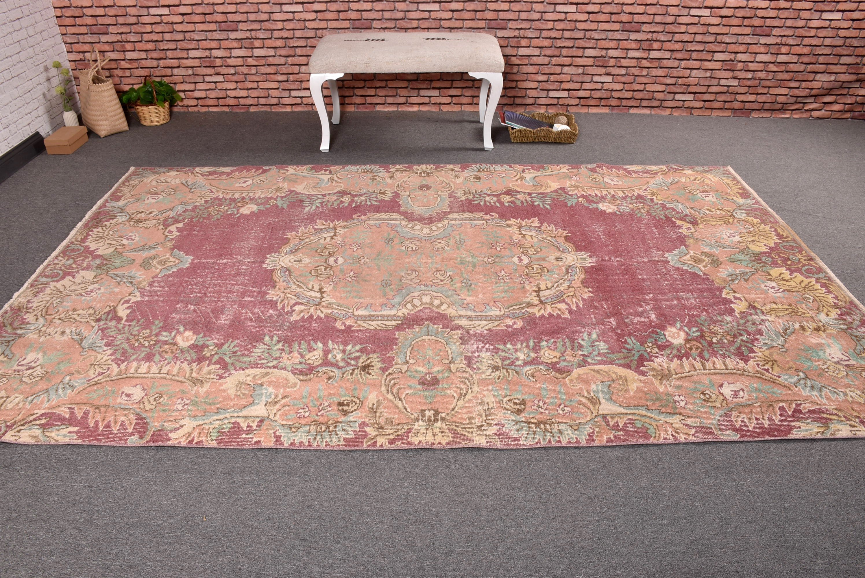 Vintage Halılar, Yemek Odası Halısı, 5.9x9.5 ft Büyük Halı, Türk Halıları, Büyük Oushak Halısı, Pembe Oushak Halıları, Geometrik Halı, Fas Halısı