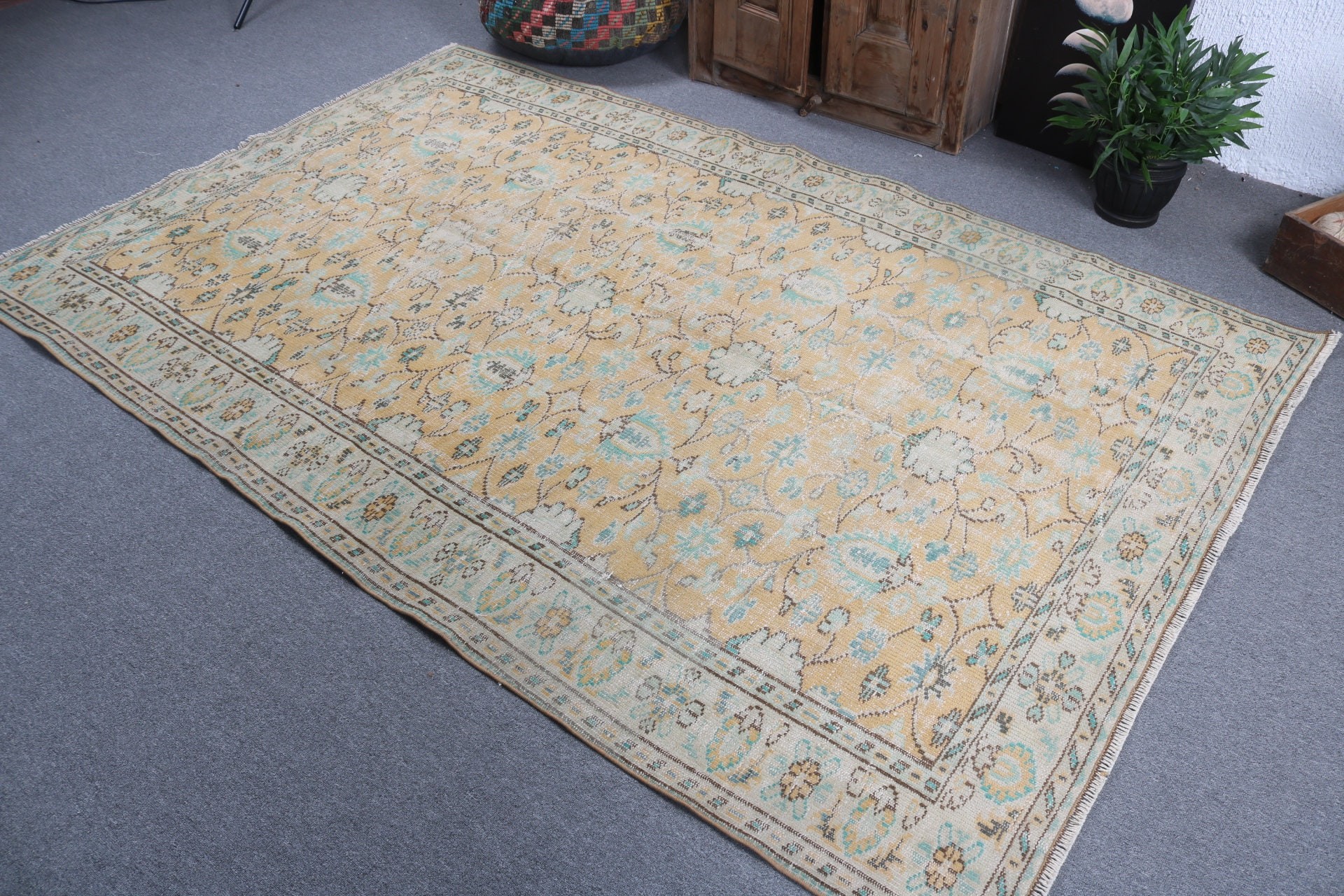 Vintage Halı, Oturma Odası Halısı, Açıklama Halısı, Türk Halısı, Sarı Soğuk Halı, Büyük Boho Halısı, 5.5x8.5 ft Büyük Halılar, Düz Dokuma Halılar, Yer Halısı