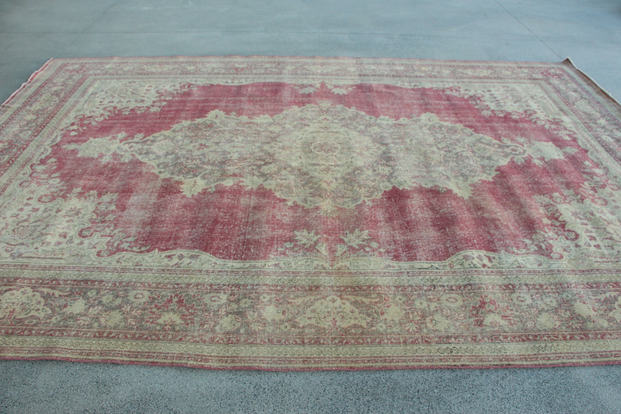 8.4x12.7 ft Büyük Boy Halı, Oushak Halı, Türk Halısı, Vintage Halı, Salon Halıları, Pembe Ev Dekor Halıları, Büyük Boy Türk Halıları, Düz Dokuma Halı