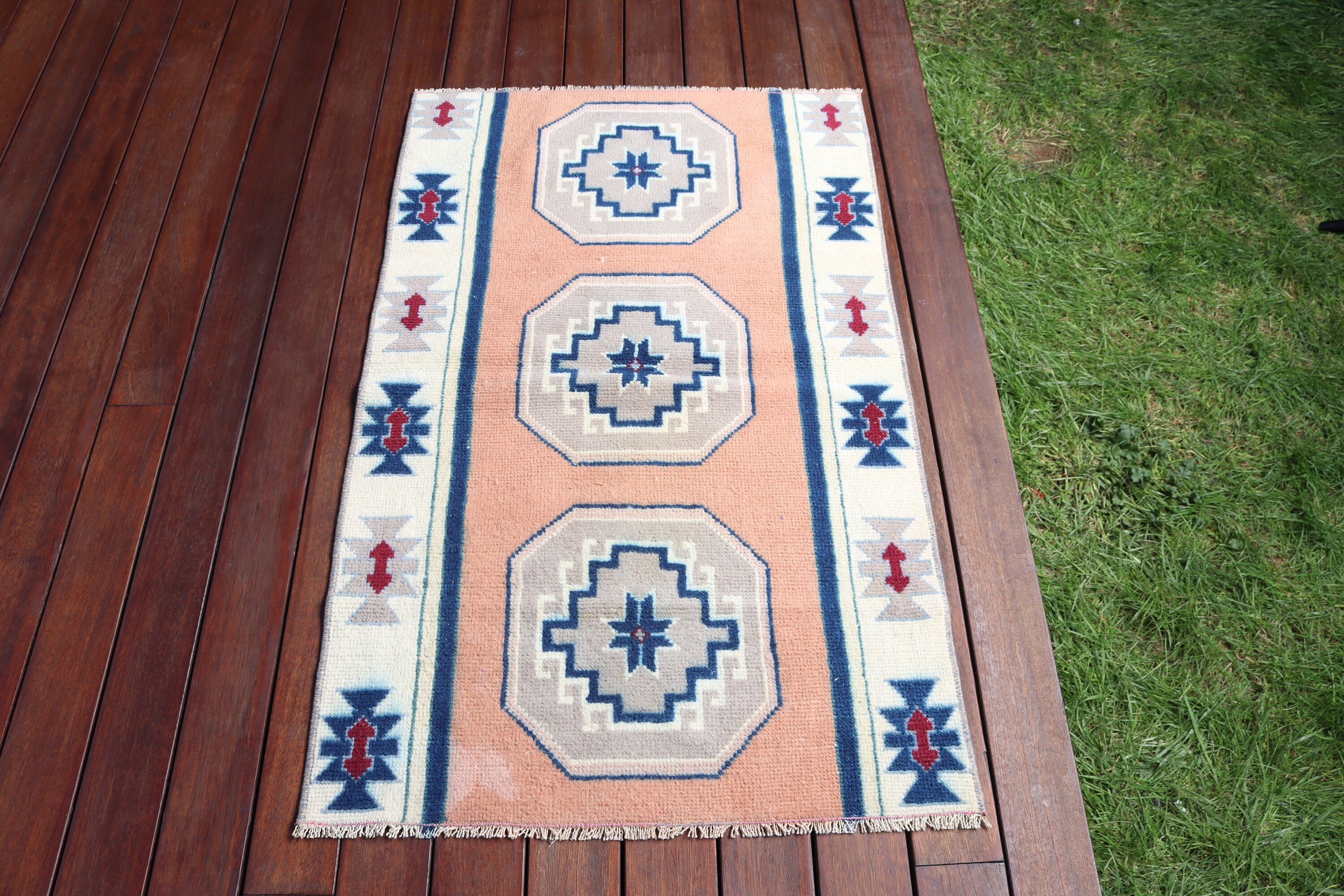 Turuncu Nötr Halı, Ev Dekor Halısı, 2.2x3.5 ft Küçük Halılar, Vintage Halı, Kapı Paspası Halısı, Küçük Vintage Halı, Geometrik Halılar, Türk Halıları