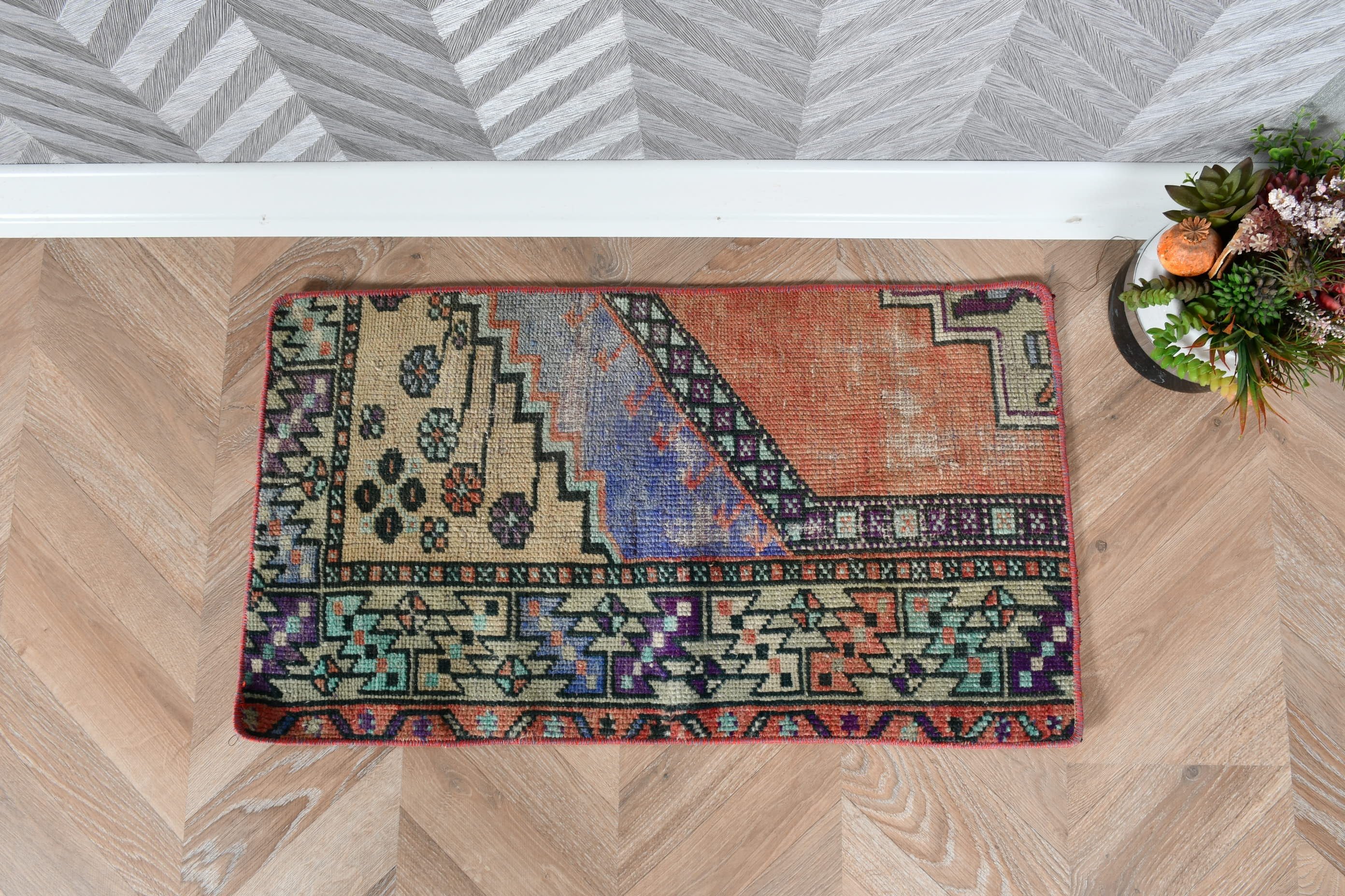 Turkish Rug, 1.3x2.4 ft Small Rugs, Wool Rug, Aesthetic Rug, Car Mat Rugs, Vintage Rugs, Orange Home Decor Rugs, Entry Rug