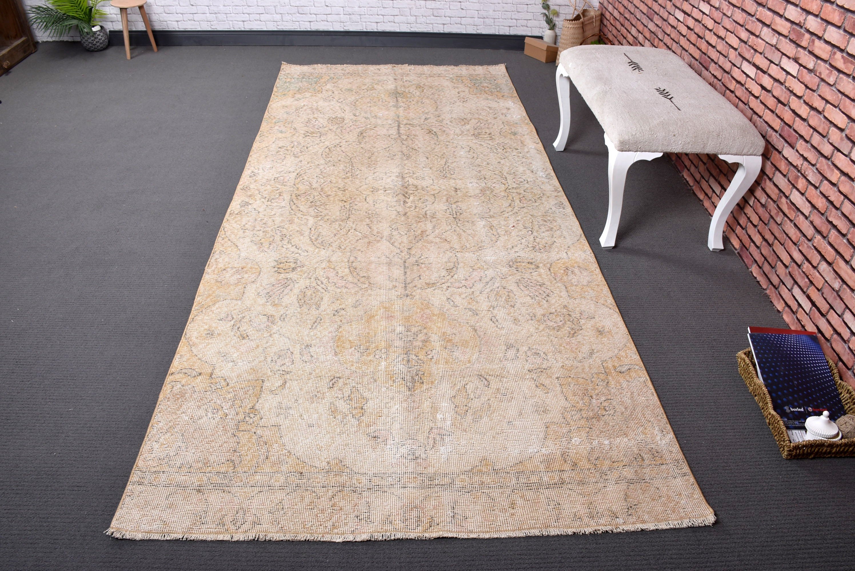 Vintage Halı, 4.3x10.1 ft Büyük Halı, Türk Halısı, Bej Oryantal Halı, Oturma Odası Halıları, Yemek Odası Halısı, Yatak Odası Halısı, Ev Dekor Halıları