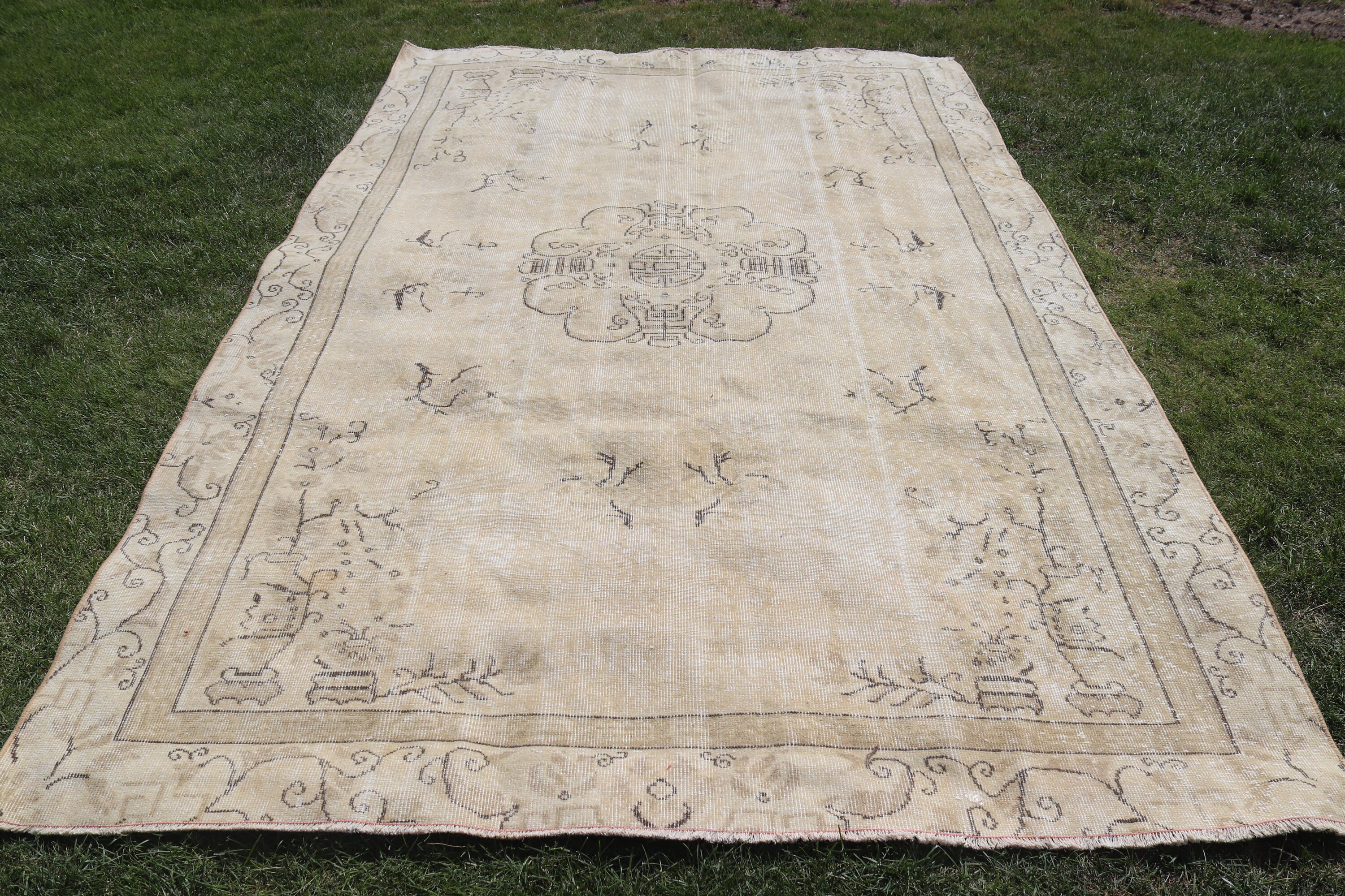 Modern Halılar, Bej Geometrik Halı, 6.3x9.9 ft Büyük Halı, Türk Halıları, Büyük Vintage Halı, Oushak Halıları, Yemek Odası Halıları, Vintage Halı