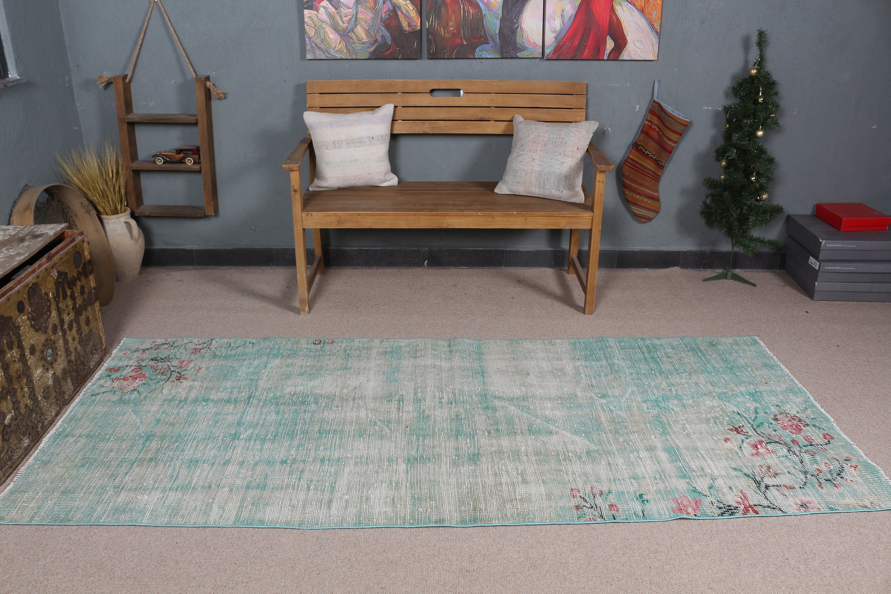Floor Rug, Green  3.5x8.3 ft Area Rugs, Living Room Rug, Vintage Rugs, Wool Rugs, Turkish Rug, Organic Rug, Rugs for Floor