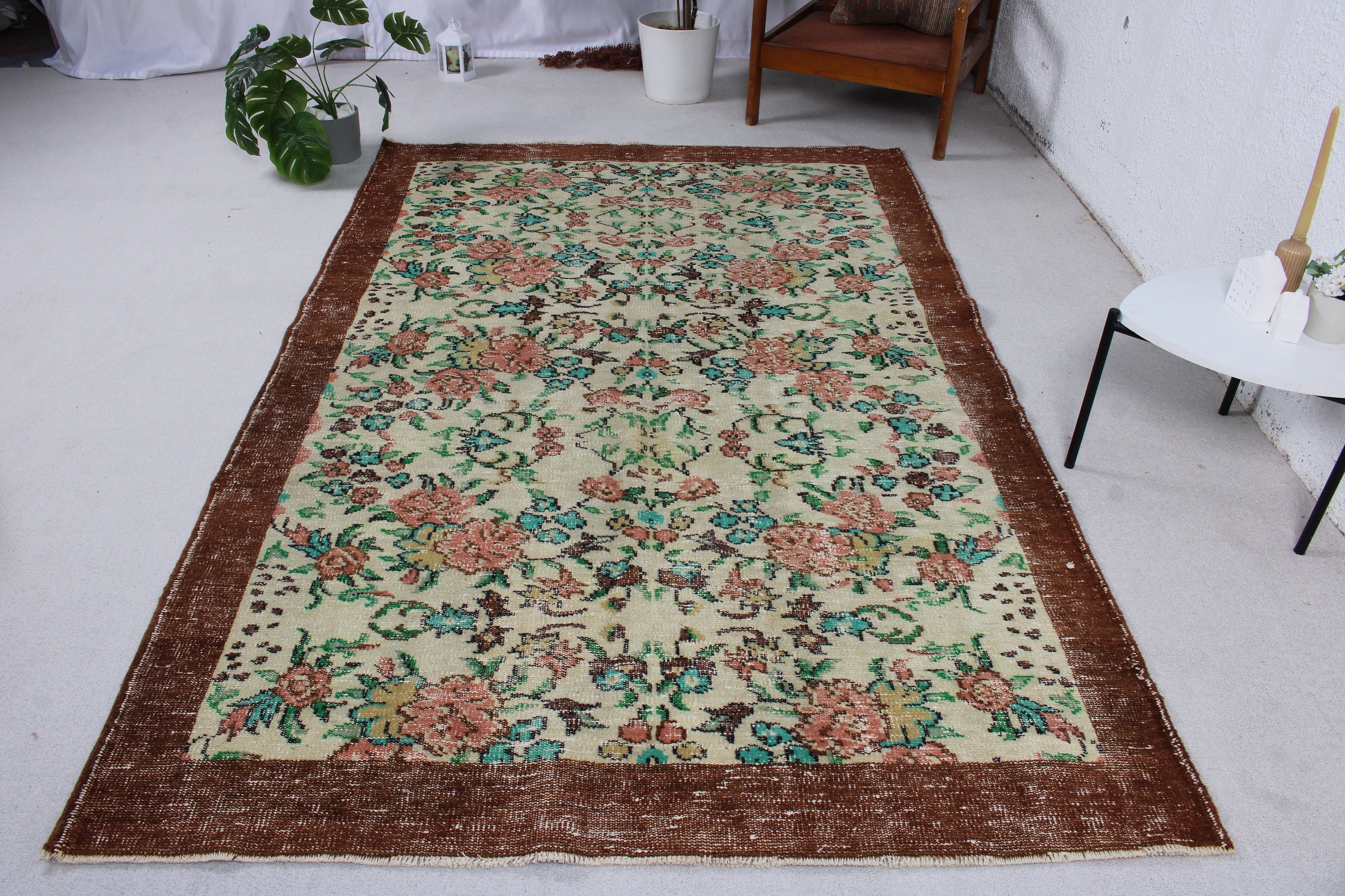 Açıklama Halısı, Türk Halısı, Ev Dekorasyonu Halıları, Vintage Halı, Büyük Oushak Halısı, Yatak Odası Halısı, Kahverengi Anadolu Halısı, 5,3x8,3 ft Büyük Halılar