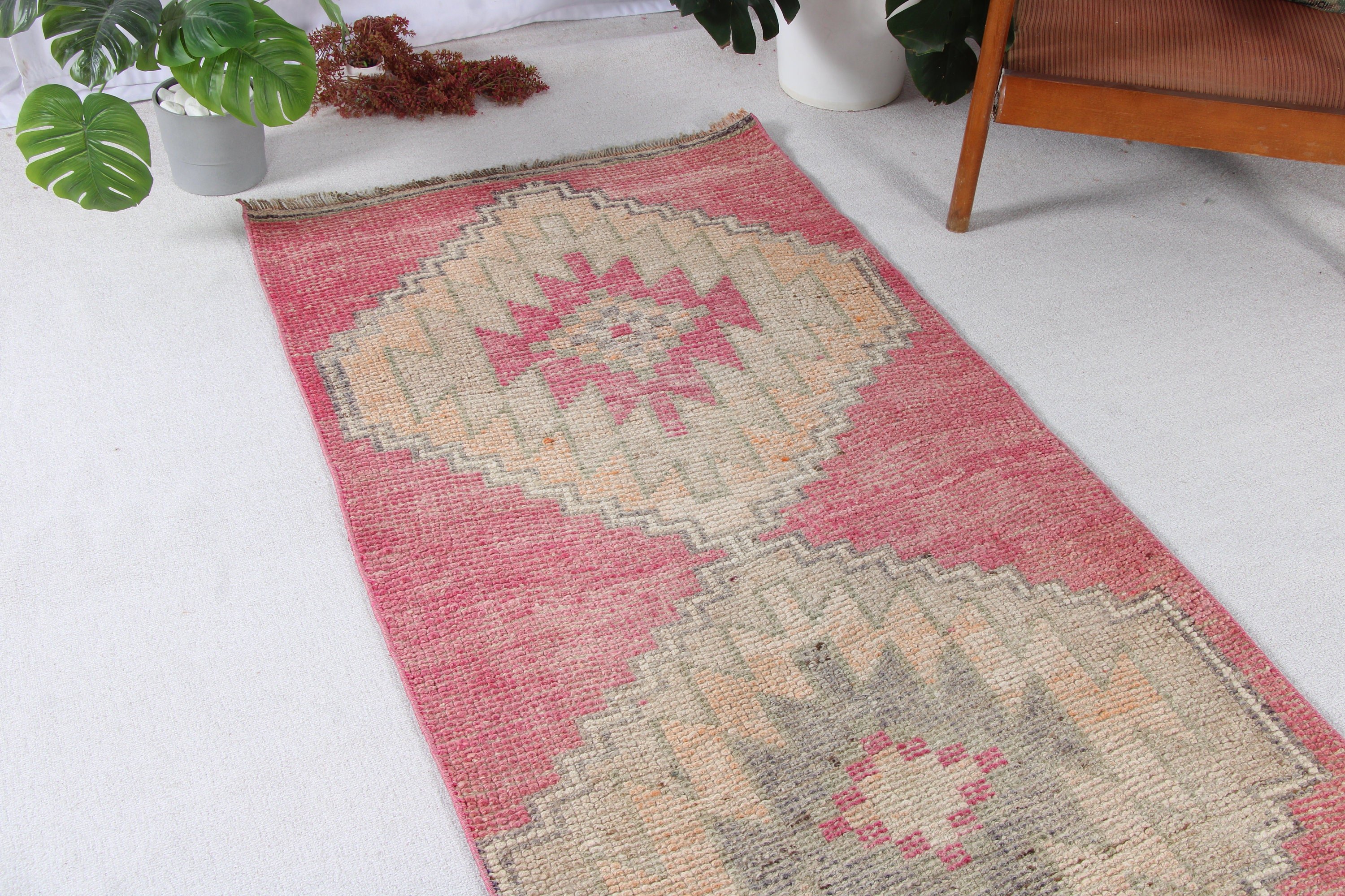 Mutfak Halıları, Merdiven Halısı, Vintage Halılar, Boho Halısı, Pembe Oushak Halısı, Anadolu Halıları, 3x10.4 ft Runner Halısı, Türk Halıları