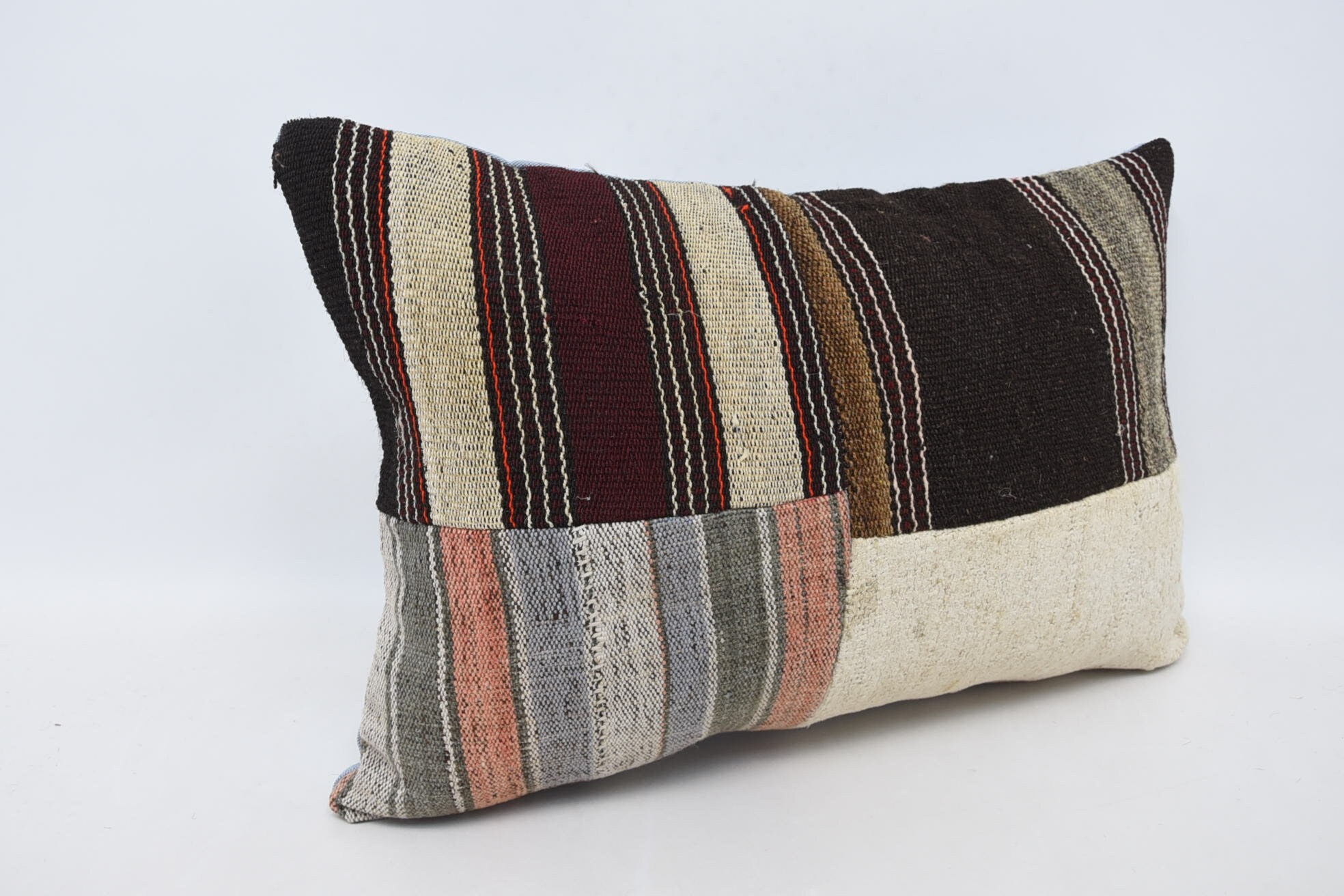 Turkish Kilim Pillow, Vintage Kilim Pillow, Vintage Kilim Throw Pillow, Nautical Throw Cushion Cover, 16"x24" Brown Cushion