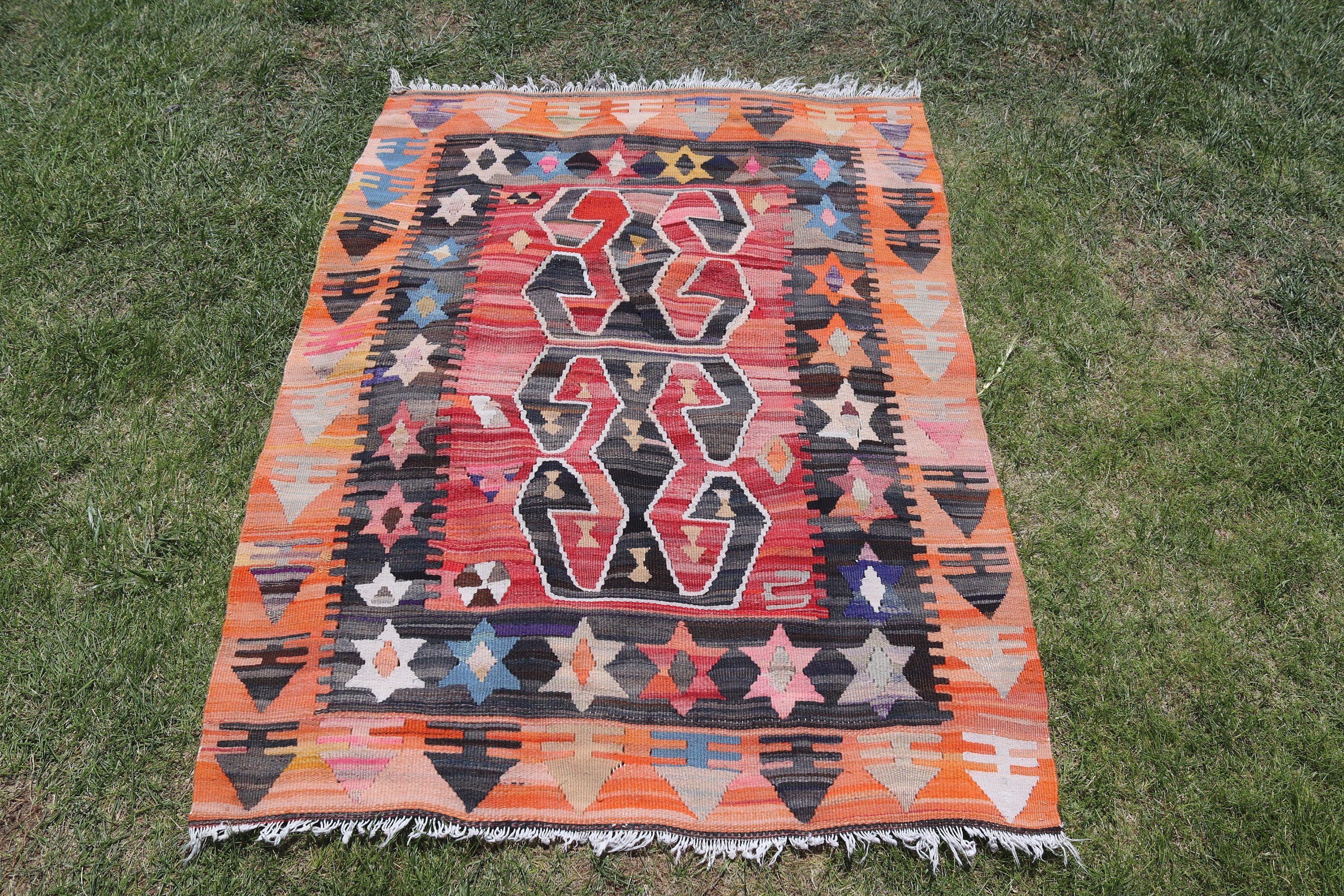 Yatak Odası Halıları, Turuncu 3.1x4.2 ft Küçük Halı, Modern Halı, Kilim, Küçük Boho Halı, Vintage Halı, Duvara Asılı Halı, Türk Halısı