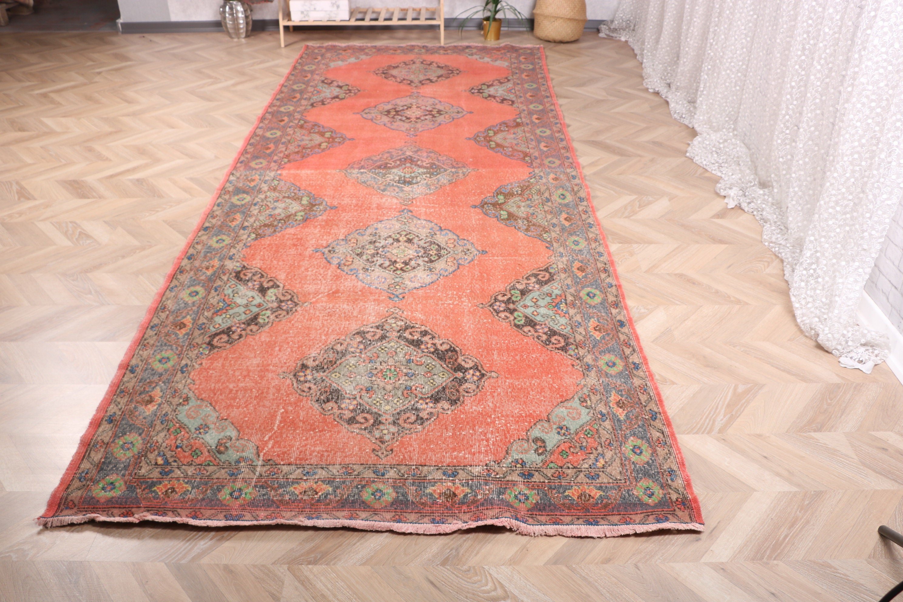 Turkish Rug, Red Floor Rug, Vintage Rugs, Oriental Rug, 4.9x12.3 ft Runner Rug, Corridor Rugs, Wool Rug, Rugs for Long Runner, Kitchen Rug