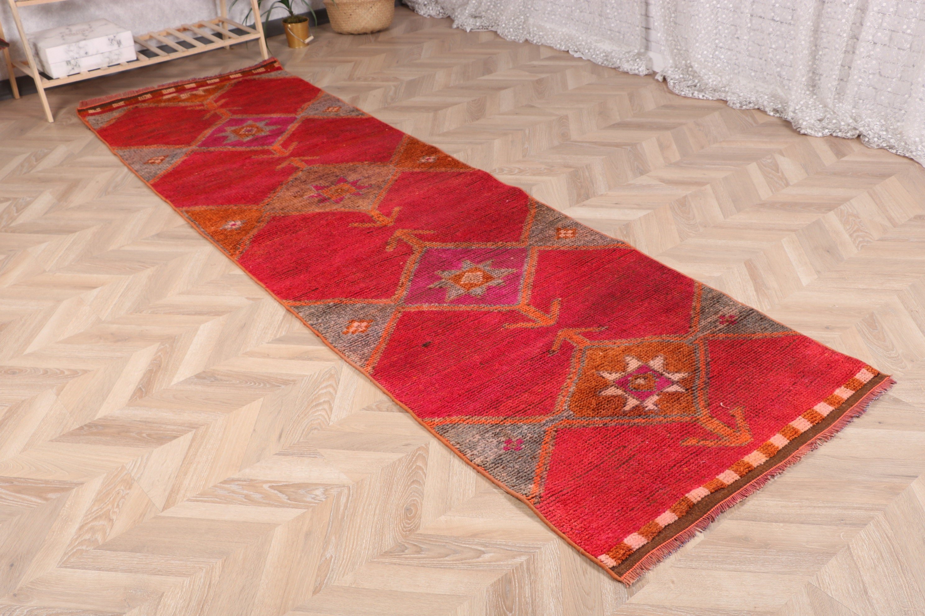 Türk Halısı, Yatak Odası Halısı, 3x10.2 ft Runner Halıları, Kırmızı Düz ​​Dokuma Halısı, Fas Halıları, Vintage Halı, Koridor Halıları, Vintage Runner Halıları