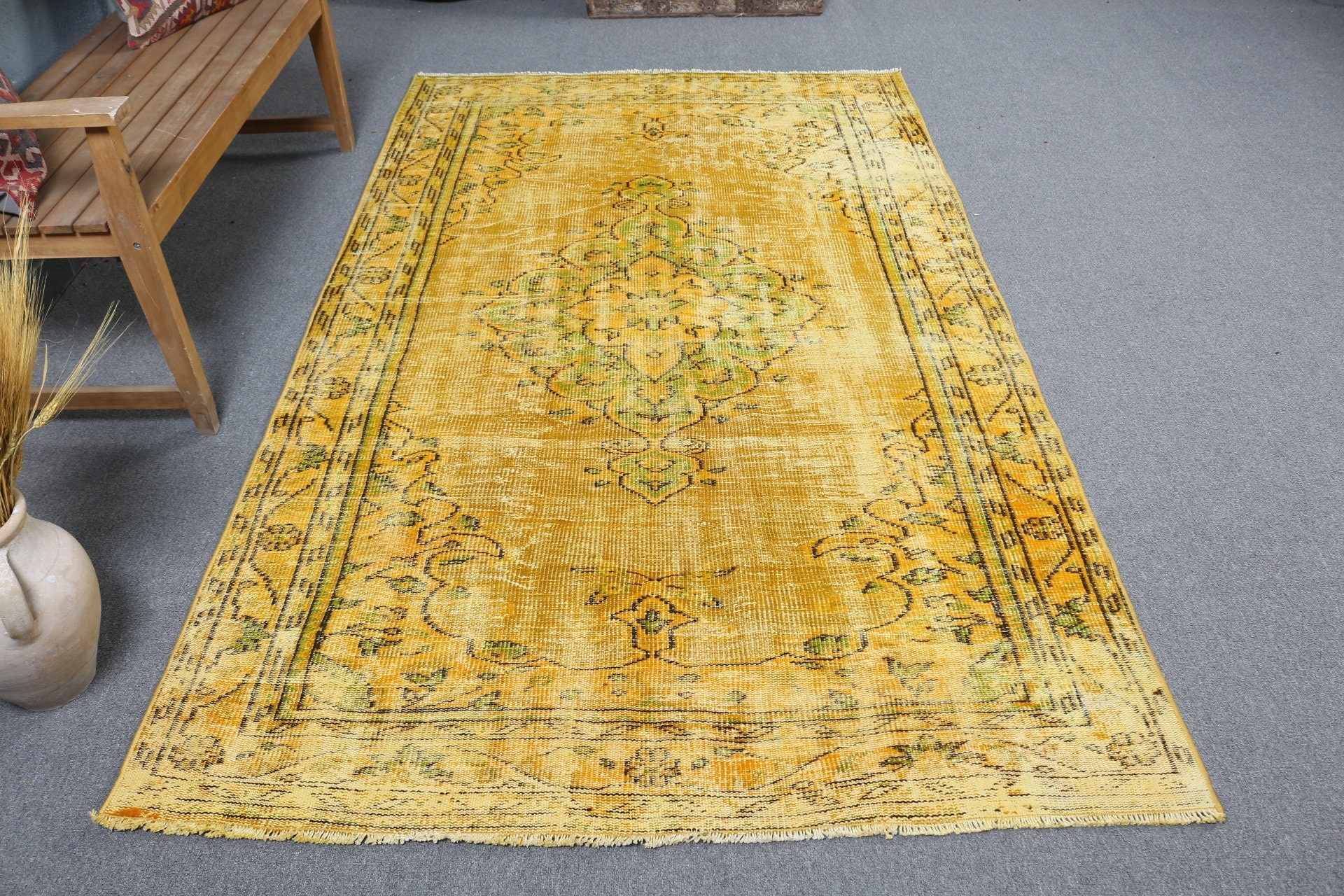 Indoor Rug, Rugs for Floor, Turkish Rugs, Distressed Rug, Oushak Rugs, 4.8x8.3 ft Area Rugs, Bedroom Rugs, Vintage Rug, Yellow Oushak Rug