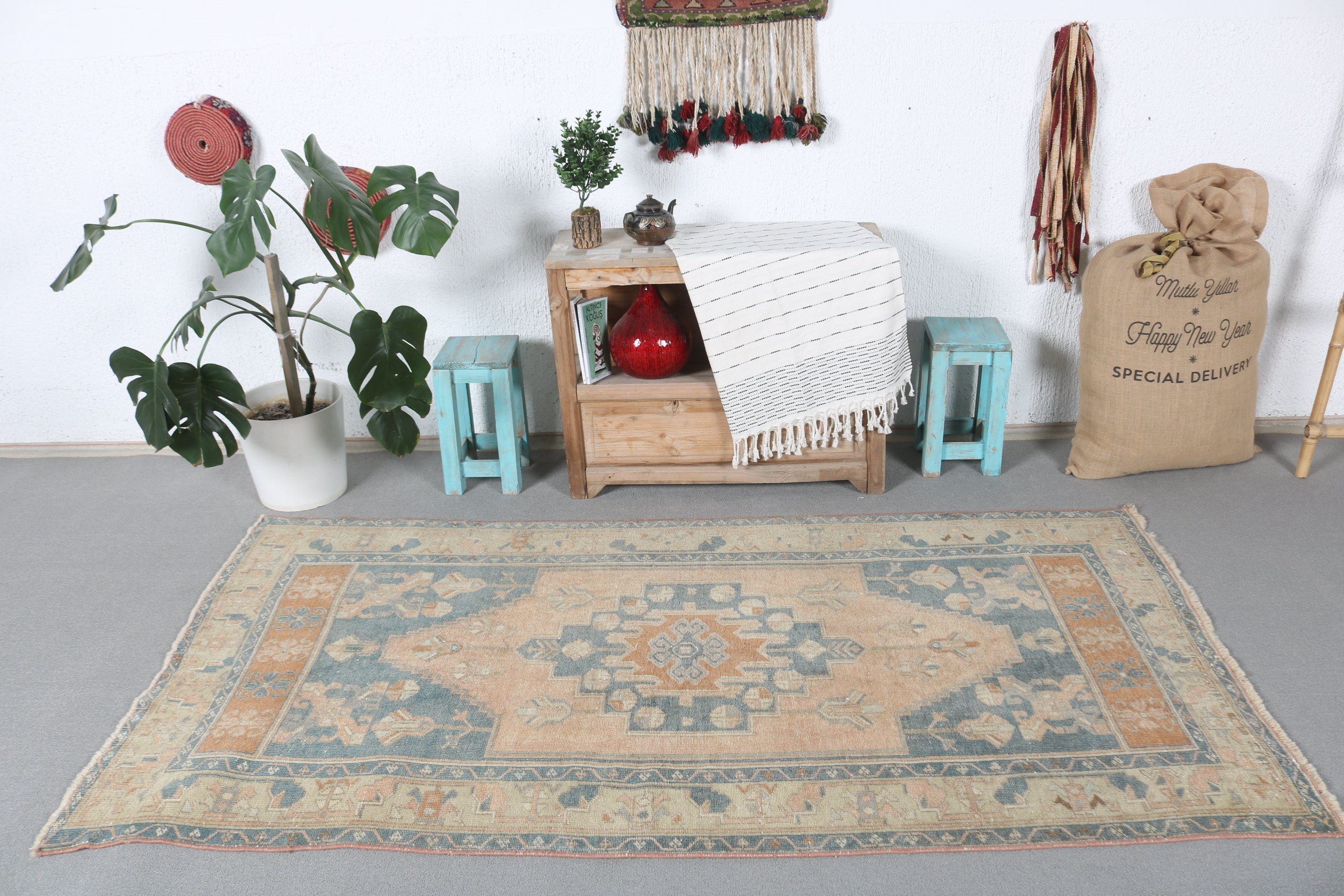 Blue Anatolian Rug, Floor Rug, Rugs for Indoor, 3.6x7.1 ft Area Rug, Turkish Rug, Dining Room Rug, Vintage Rug, Kitchen Rug