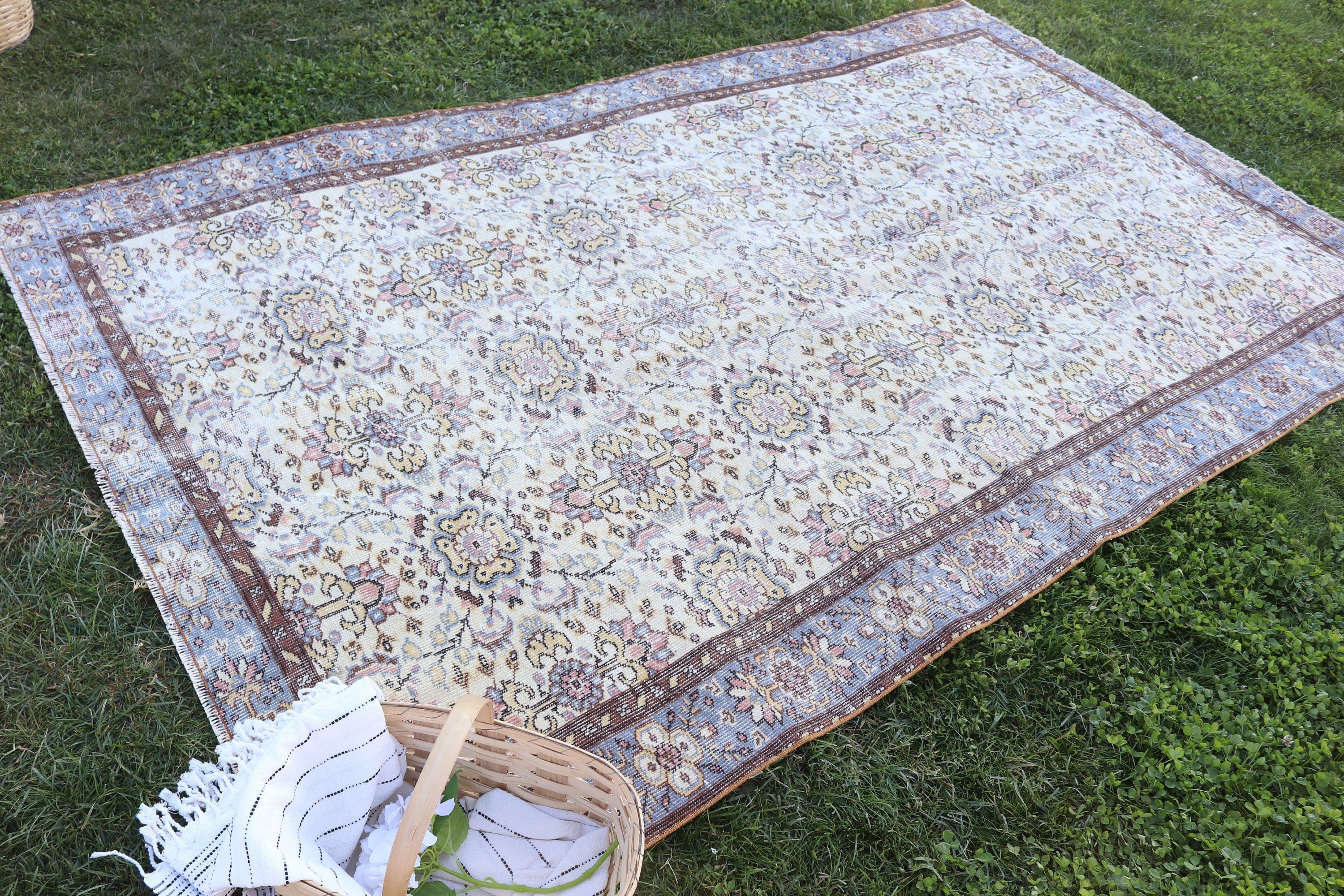 Bej Anadolu Halısı, Vintage Halı, Büyük Oushak Halıları, Büyük Boho Halısı, 5,8x9,2 ft Büyük Halıları, Türk Halısı, Fas Halısı, Havalı Halılar, Aztek Halısı