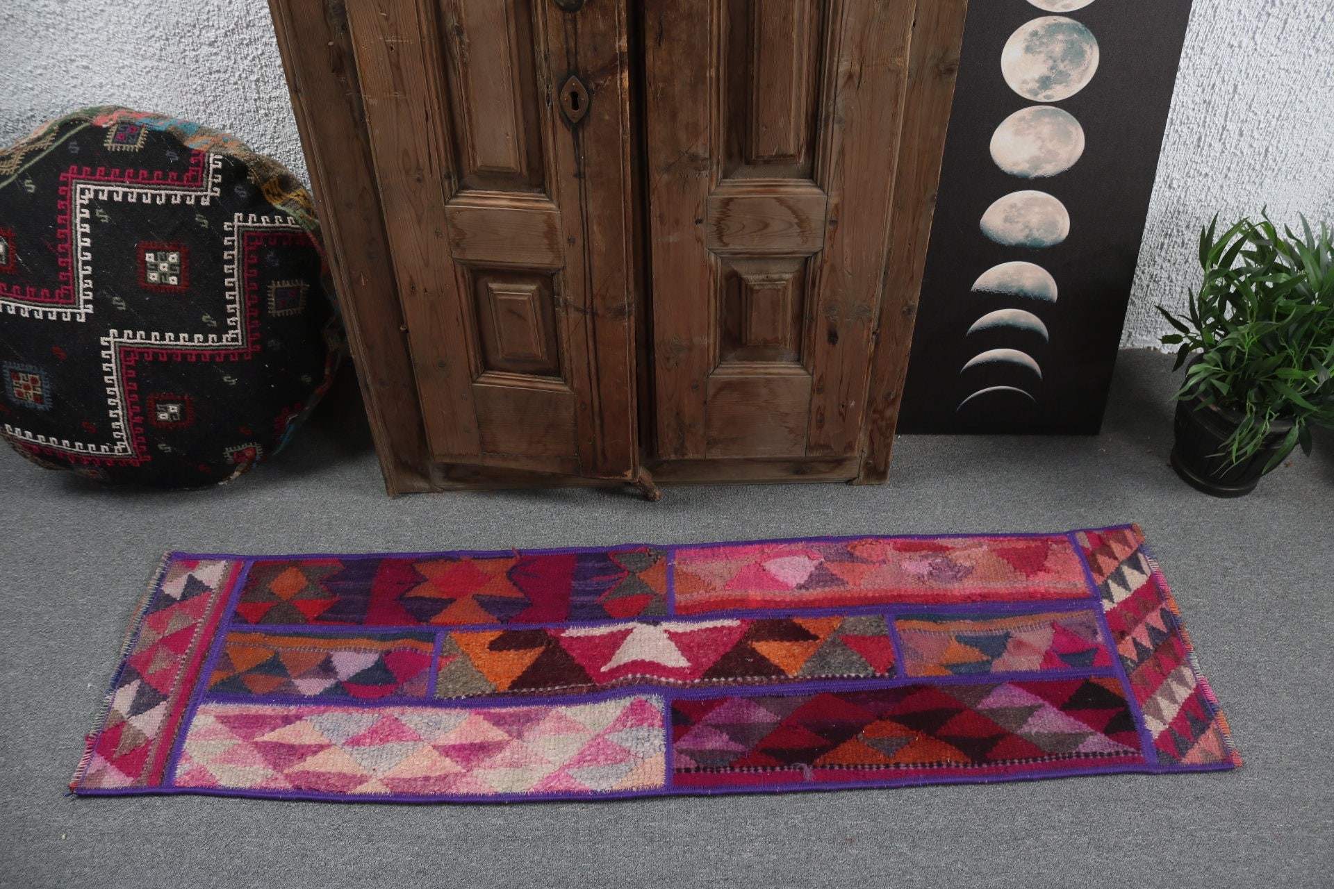 1.4x5.2 ft Runner Halıları, Mor Oushak Halıları, Vintage Halı, Uzun Yolluk Halısı, Havalı Halılar, Vintage Runner Halıları, Türk Halıları, Geometrik Halılar