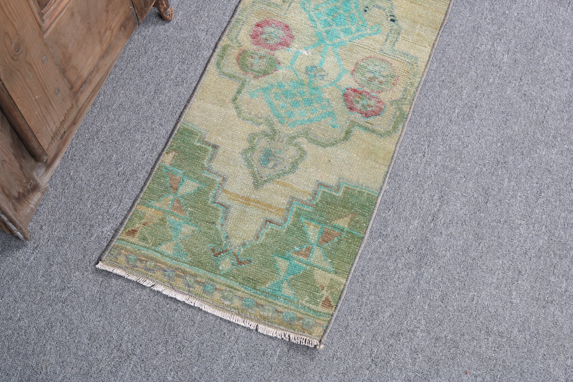 Vintage Rugs, Green Oushak Rugs, Kitchen Rug, Antique Rug, Turkish Rug, 1.1x2.9 ft Small Rug, Bath Rugs, Rugs for Wall Hanging, Wool Rugs