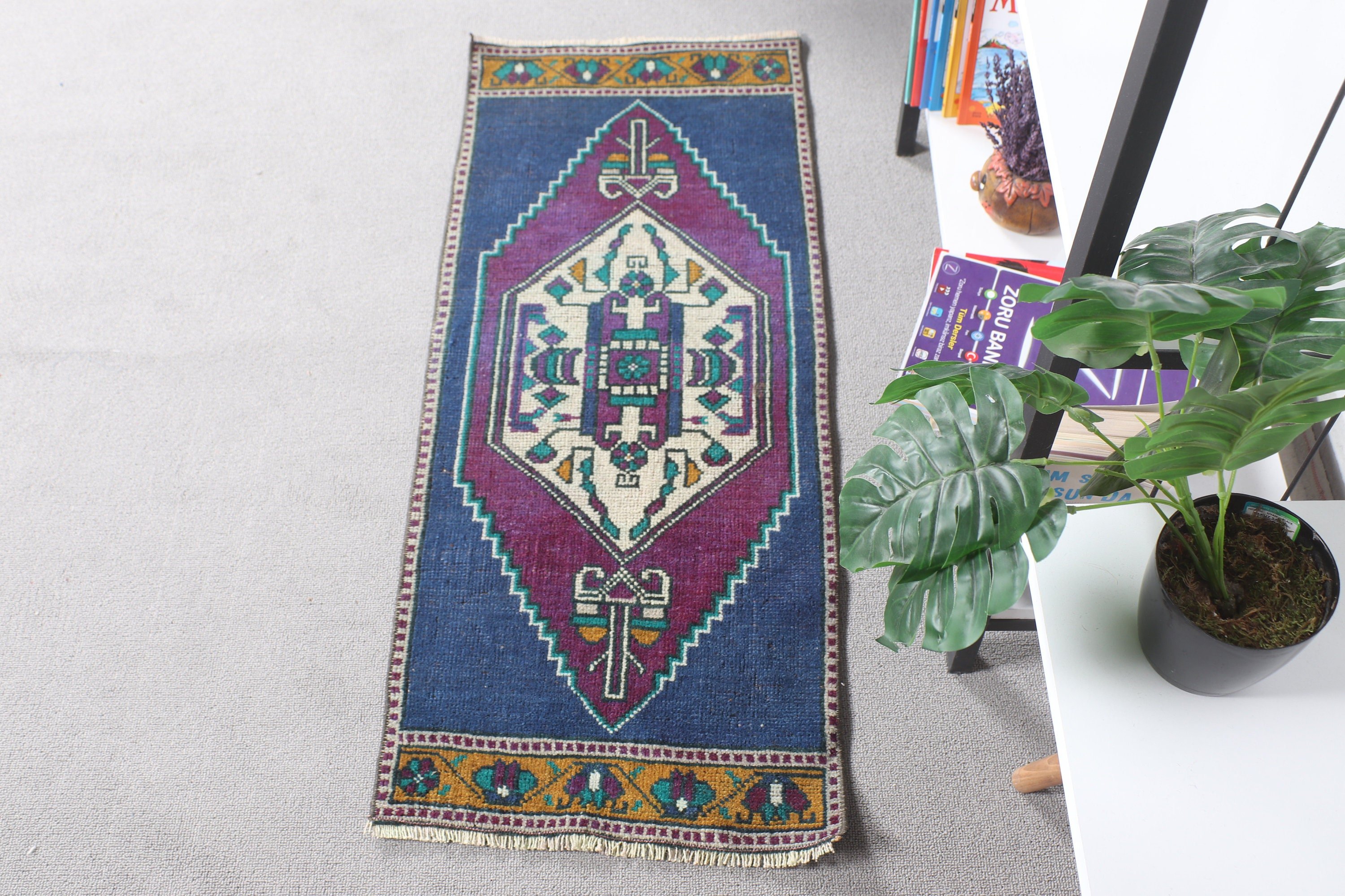 Vintage Rug, Turkish Rugs, Bathroom Rug, Blue Kitchen Rug, 1.4x3.4 ft Small Rug, Home Decor Rugs, Rugs for Car Mat, Bath Rug