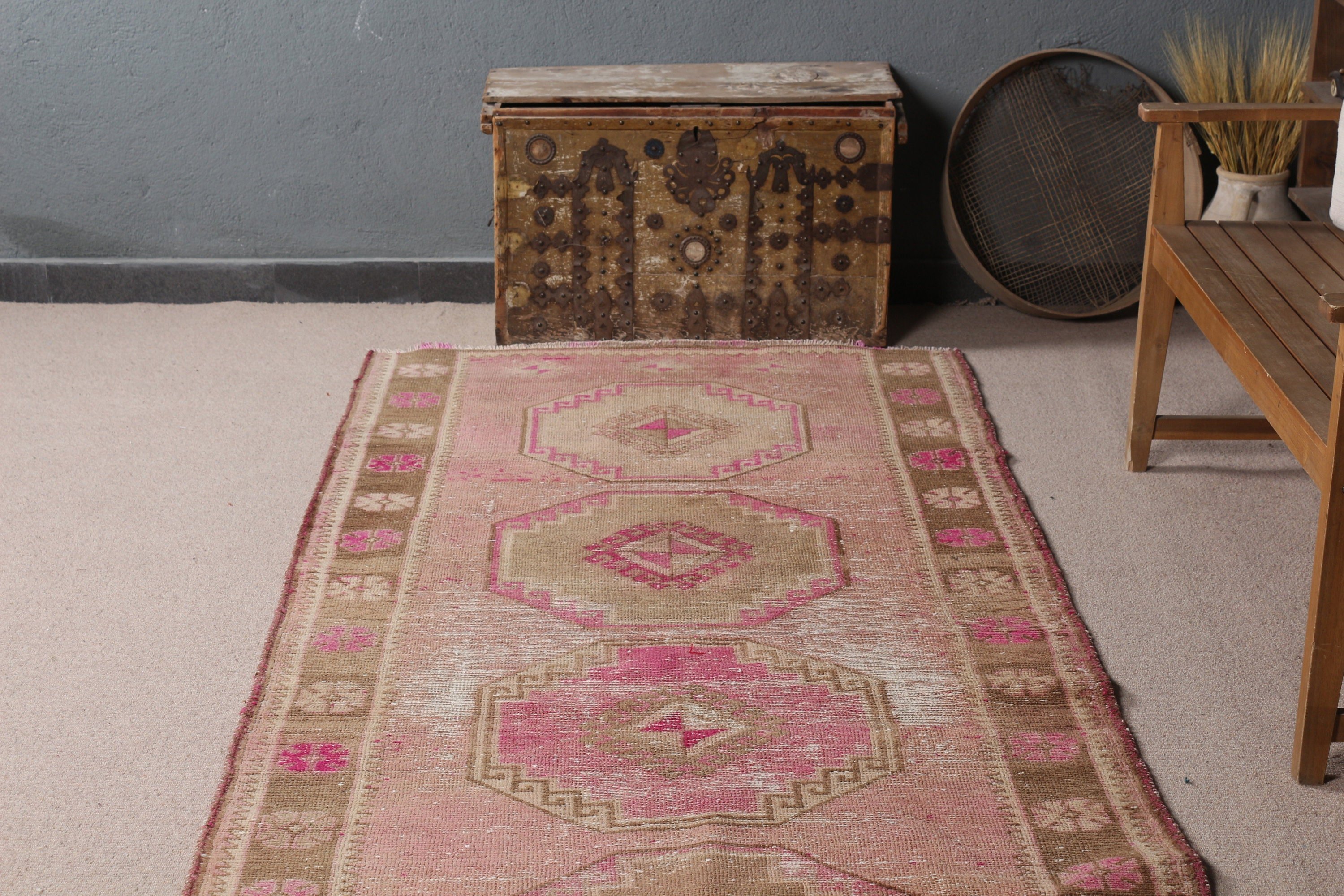 3.9x11.7 ft Runner Halı, Mutfak Halıları, Koridor Halısı, Türk Halısı, Dış Mekan Halısı, Vintage Halı, Antika Halı, Yer Halısı, Pembe Mutfak Halısı