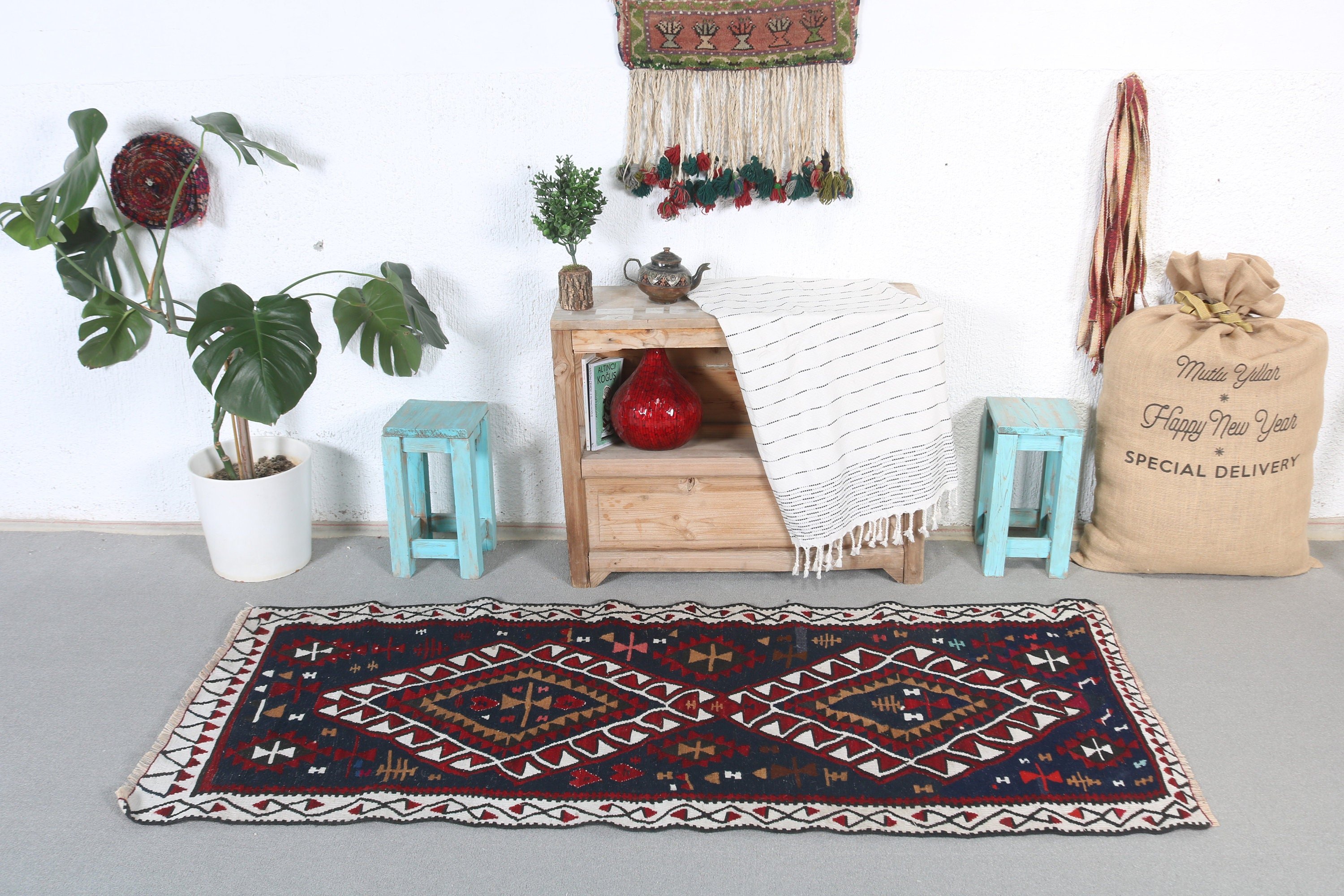 Giriş Halısı, Vintage Halı, Yün Halılar, Giriş Halıları, Türk Halıları, Yatak Odası Halısı, Kilim, 2,5x6,1 ft Accent Halı, Mavi Antika Halı