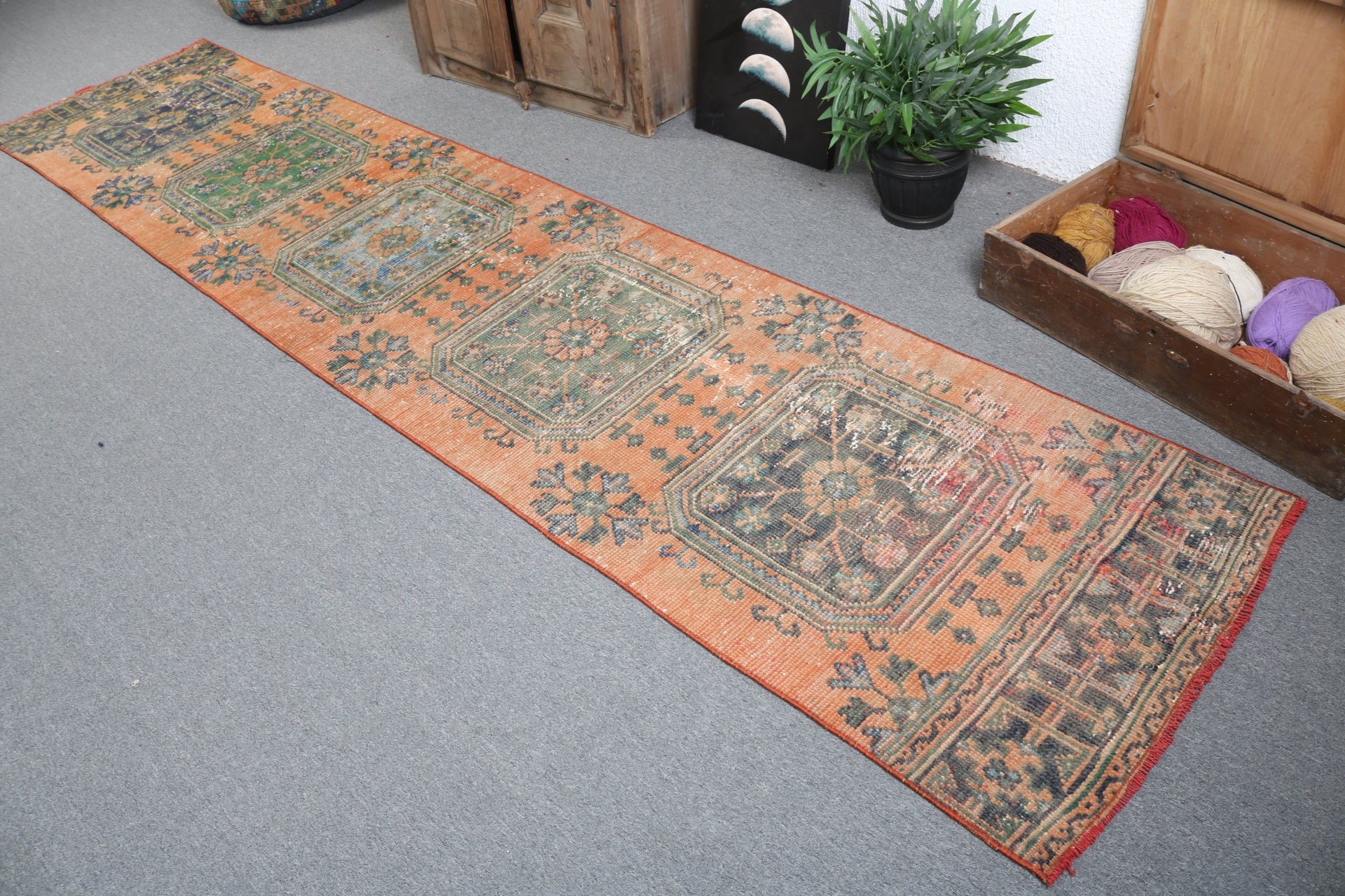 Mutfak Halıları, 2,5x11,6 ft Runner Halıları, Vintage Runner Halıları, Turuncu Havalı Halılar, Türk Halıları, Oushak Halısı, Vintage Halılar, Boho Halıları