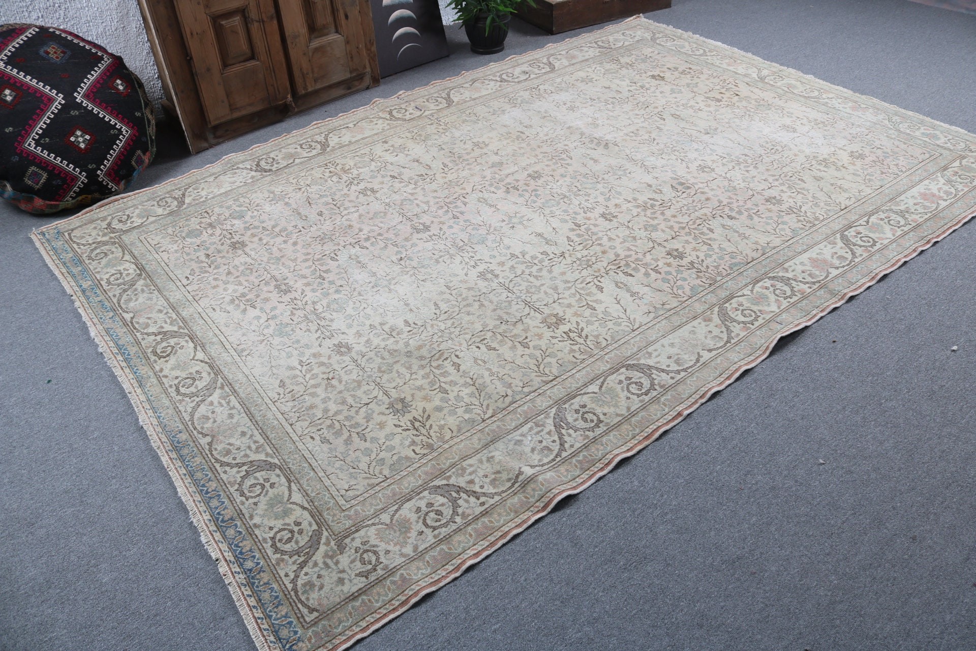 6.4x9.5 ft Büyük Halılar, Yeşil Fas Halıları, Yer Halısı, Oturma Odası Halısı, Türk Halıları, Vintage Halı, Büyük Oushak Halıları, Fas Halısı