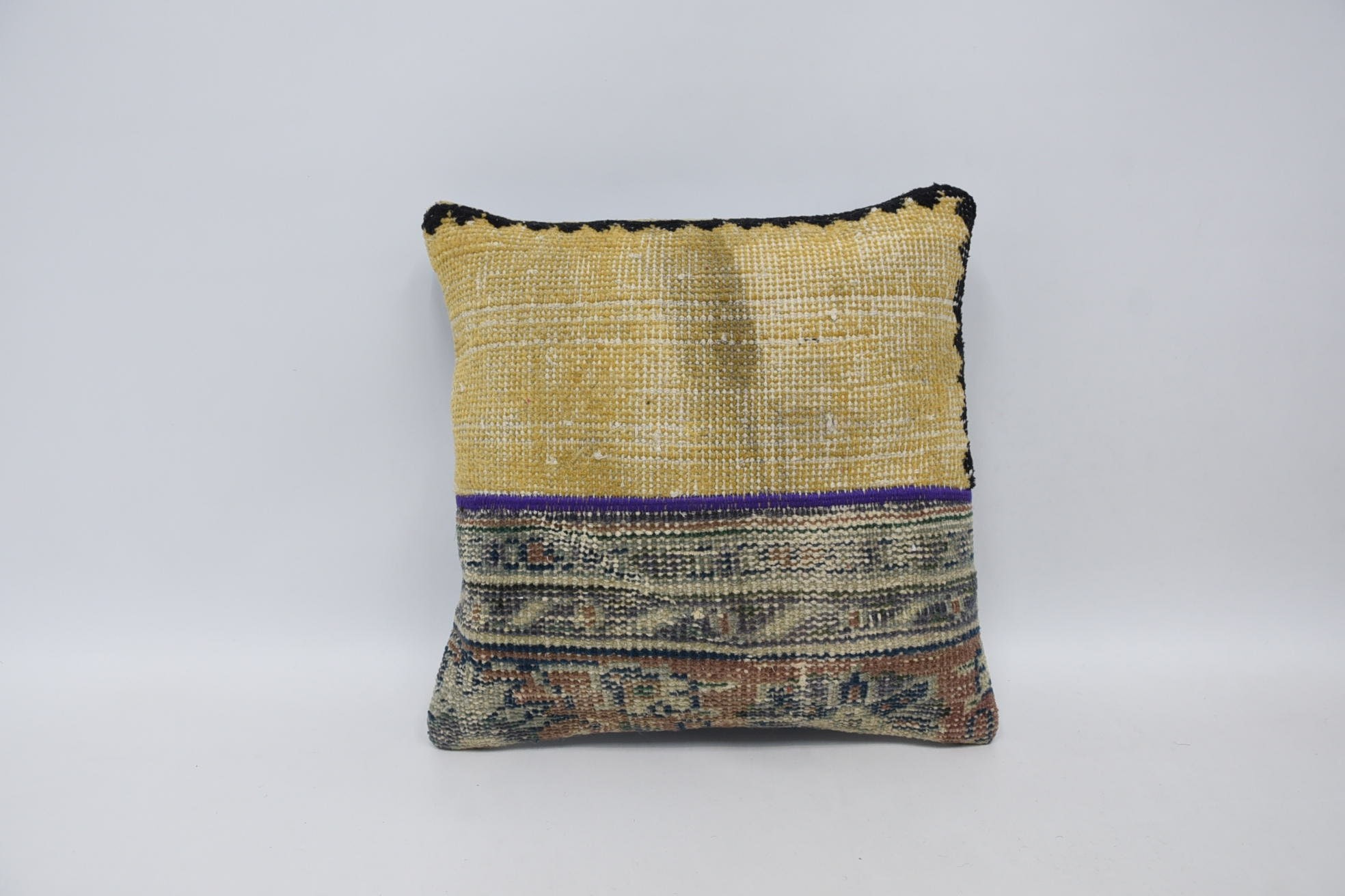 Ottoman Cushion, 16"x16" Yellow Cushion Cover, Kilim Pillow Cover, Boho Pillow, Vintage Kilim Throw Pillow, Retro Throw Pillow Sham