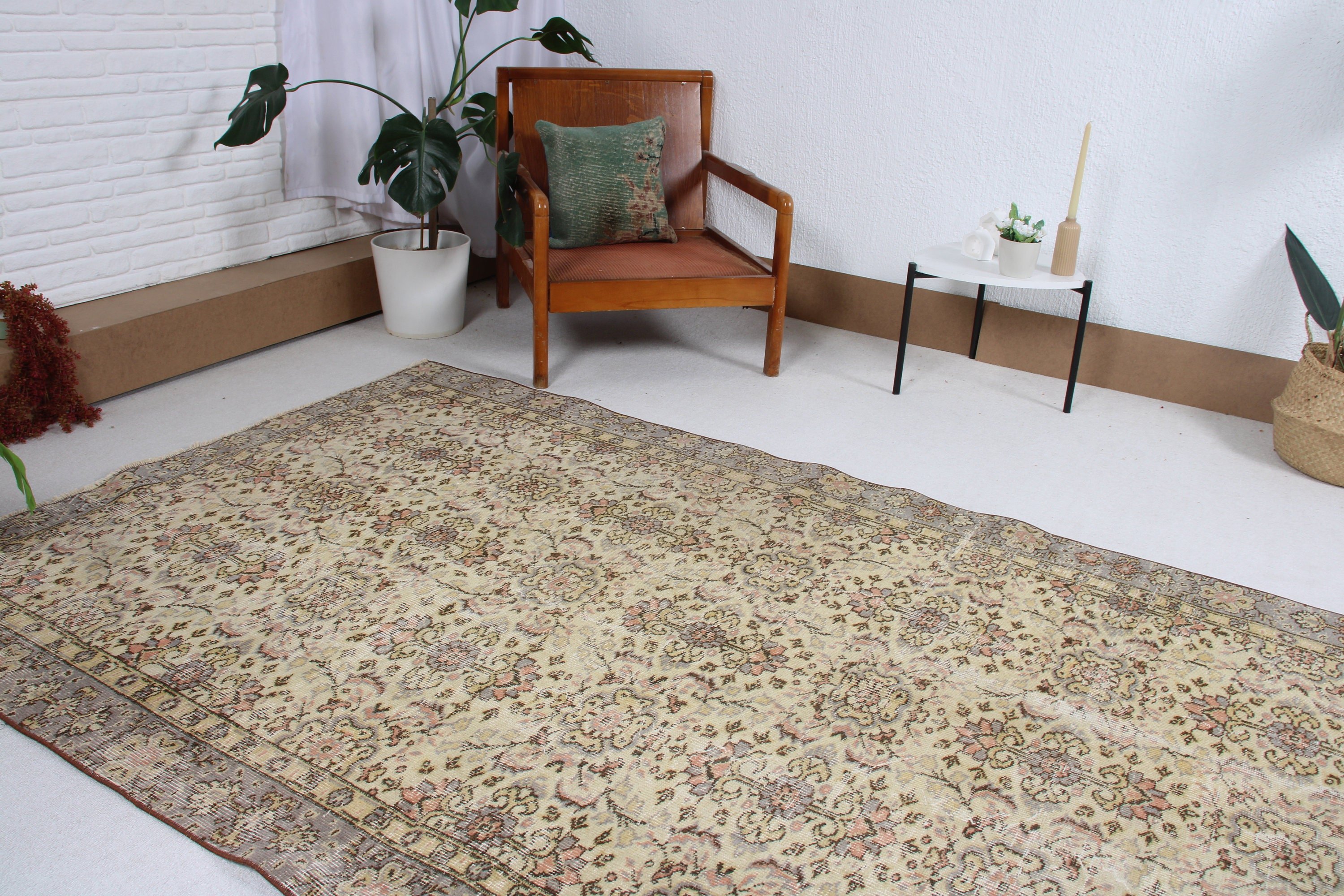 Vintage Rug, Beige Kitchen Rug, Modern Rugs, Rugs for Kitchen, Floor Rug, Dining Room Rug, Turkish Rugs, Oushak Rugs, 4.9x8 ft Area Rug