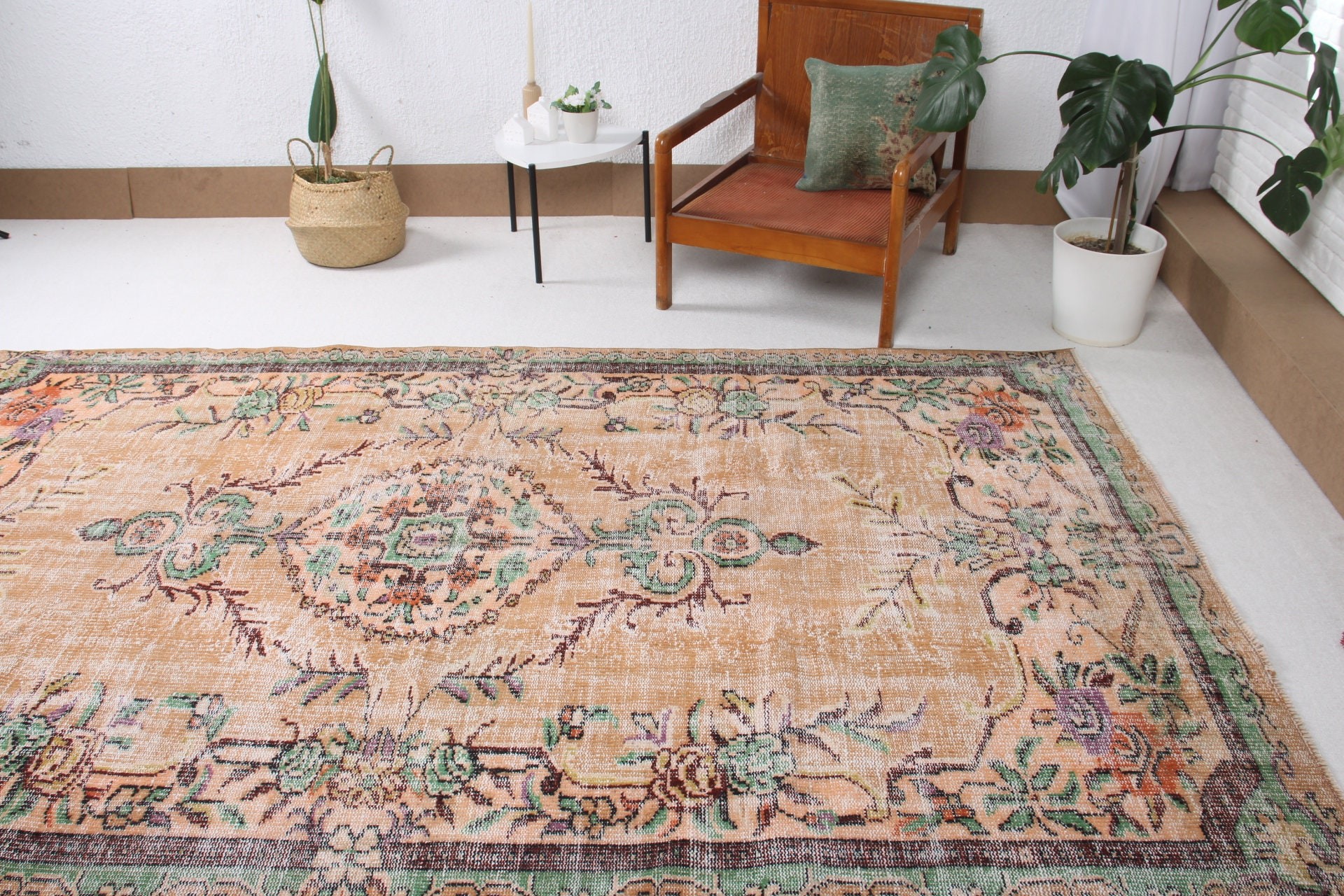 Turuncu Mutfak Halısı, Ev Dekorasyonu Halıları, Antika Halı, Büyük Oushak Halısı, 5.8x9.5 ft Büyük Halılar, Türk Halıları, Yemek Odası Halıları, Vintage Halılar