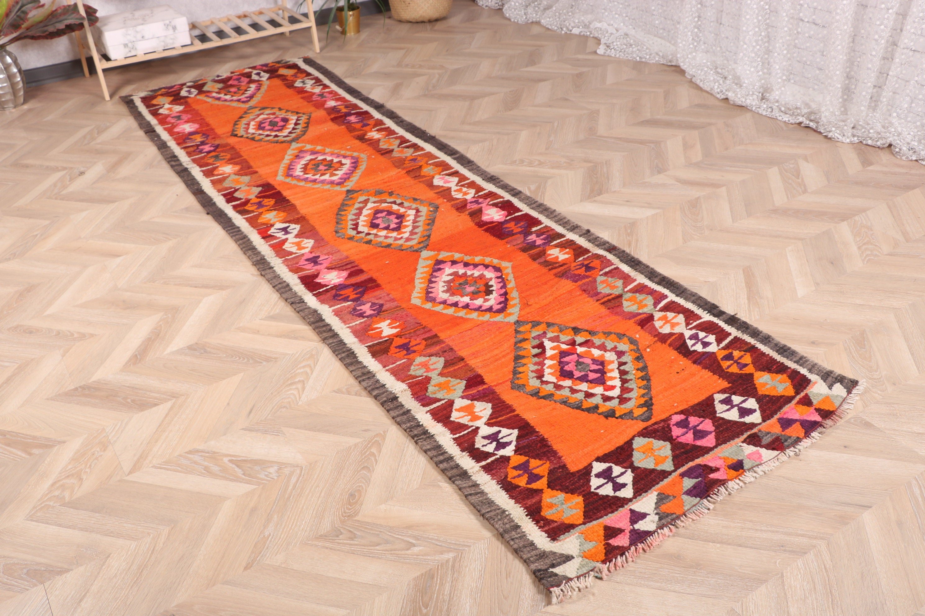 Düz Dokuma Halı, Türk Halısı, Vintage Halı, Turuncu Lüks Halı, 3x10.1 ft Runner Halısı, Beni Ourain Runner Halısı, Mutfak Halıları, Ev Dekorasyonu Halısı