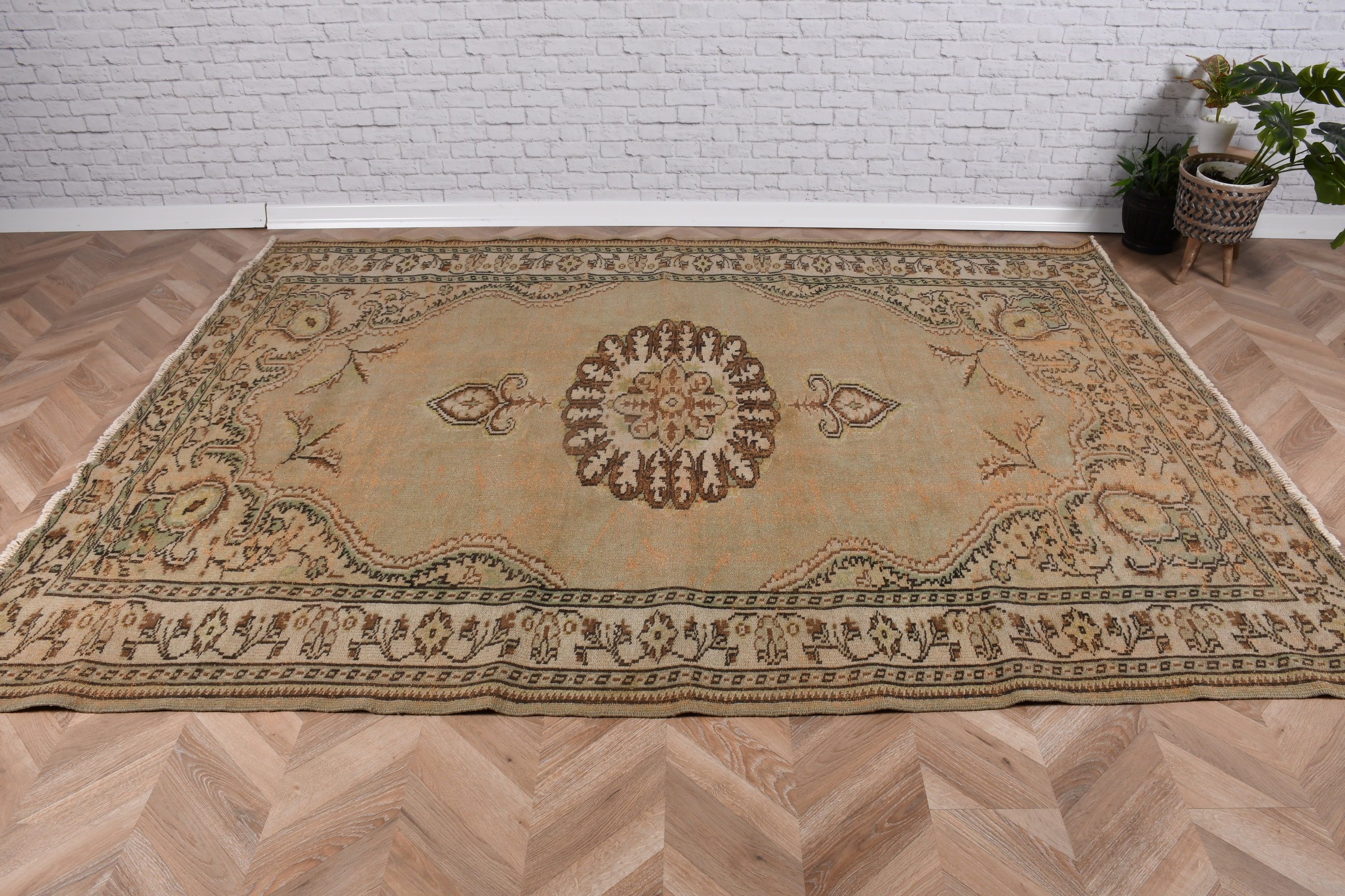 El Dokuma Halı, Yeşil Boho Halı, Vintage Halılar, Büyük Vintage Halılar, 6.3x8.4 ft Büyük Halı, Türk Halıları, Oturma Odası Halıları, Nötr Halı