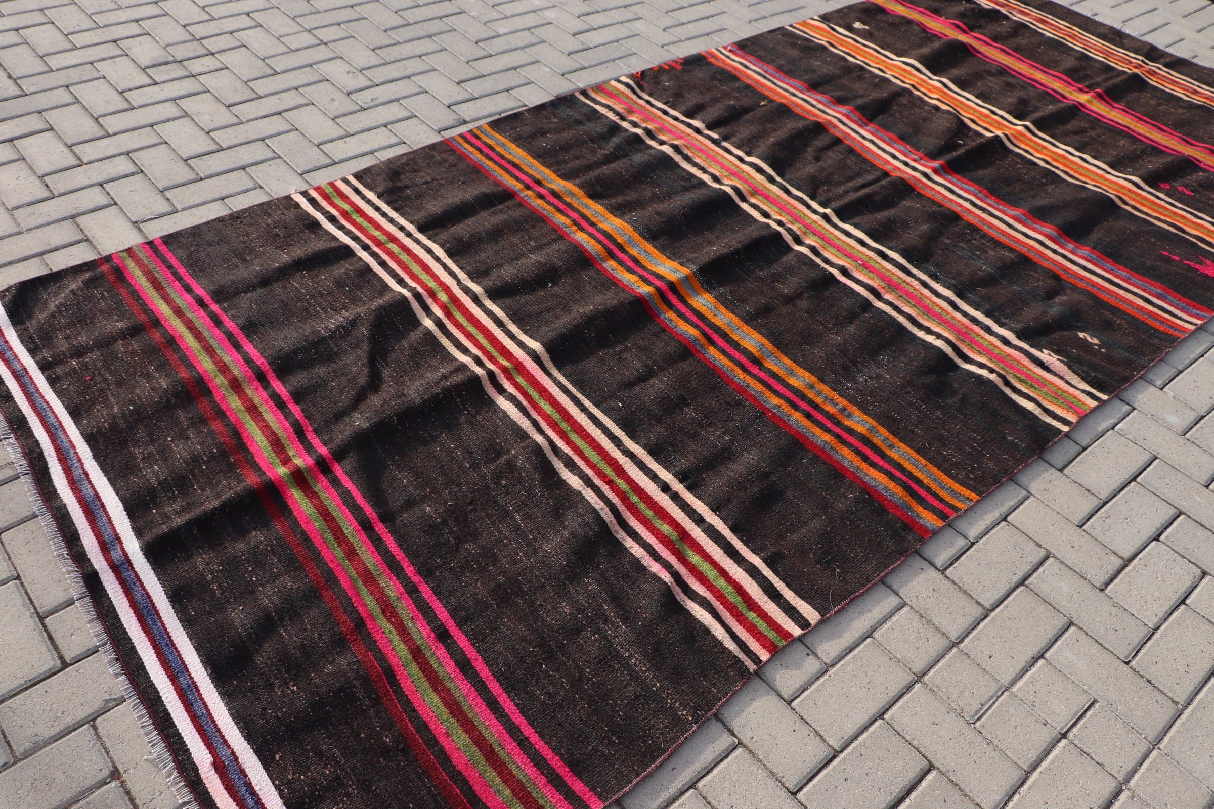 Living Room Rugs, Kilim, Oushak Rug, Vintage Rug, Salon Rug, Turkish Rug, Black Bedroom Rugs, 5.2x12.4 ft Large Rugs, Moroccan Rugs