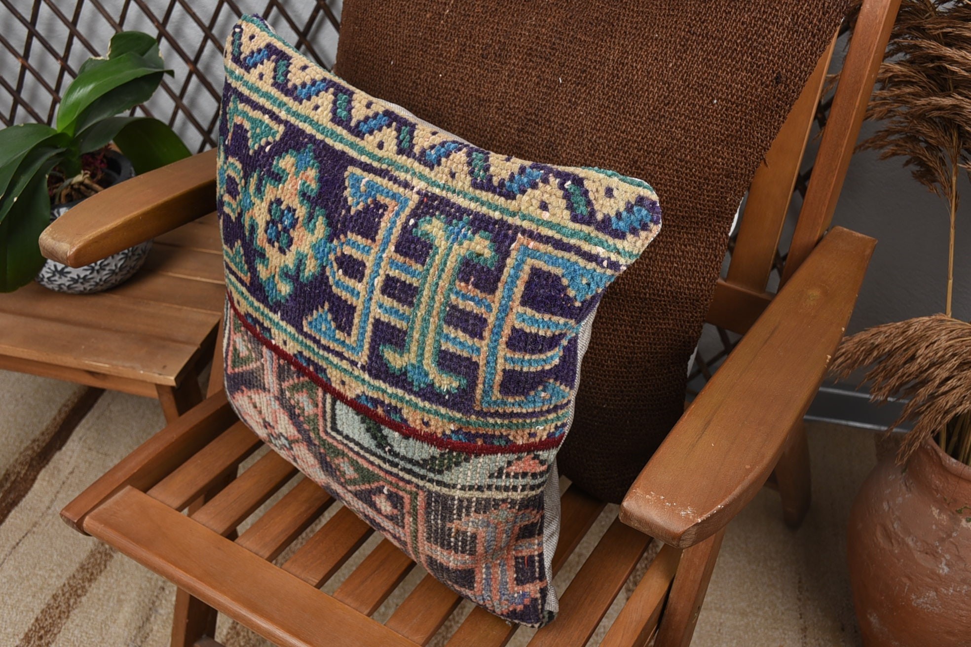 Garden Pillow Case, 16"x16" Brown Pillow Sham, Antique Pillows, Kilim Pillow Cover, Pillow for Sofa, Decorative Bolster Pillow Case