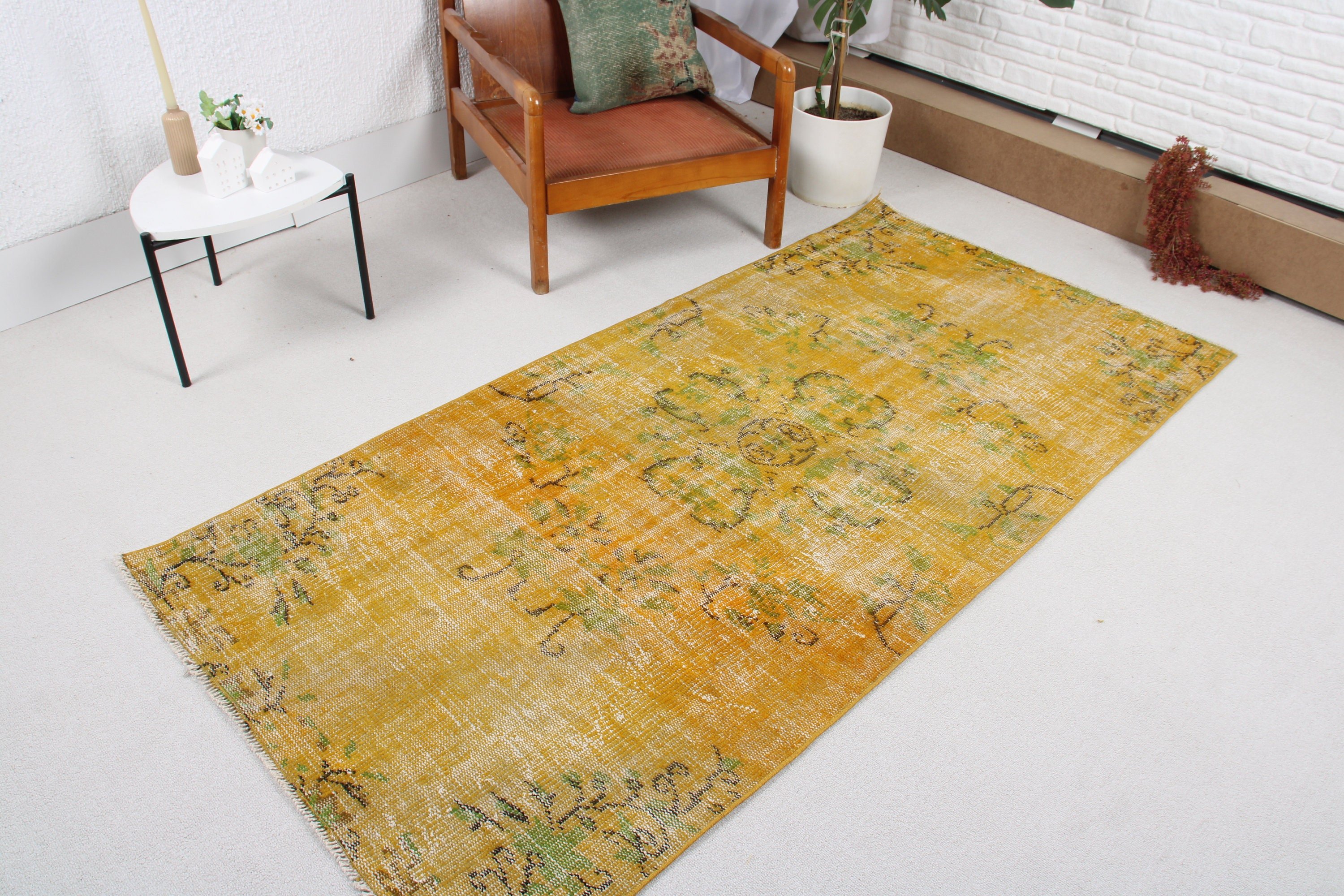 Vintage Rugs, Geometric Rugs, Oushak Area Rugs, Yellow Geometric Rugs, 3.5x7.1 ft Area Rugs, Turkish Rug, Living Room Rugs, Boho Rugs