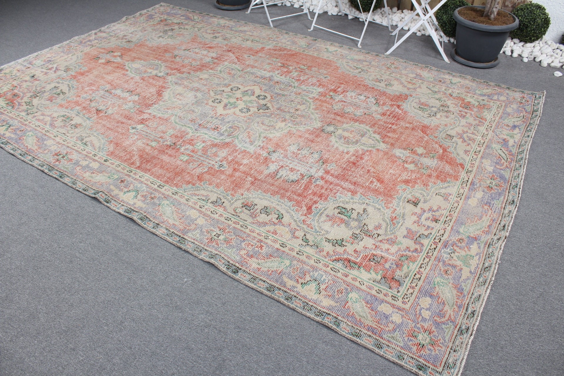 Vintage Dekor Halı, Salon Halısı, Oryantal Halı, Türk Halıları, Salon Halıları, Kırmızı Soğuk Halı, Vintage Halı, 6.7x10.5 ft Büyük Boy Halılar, Oushak Halıları