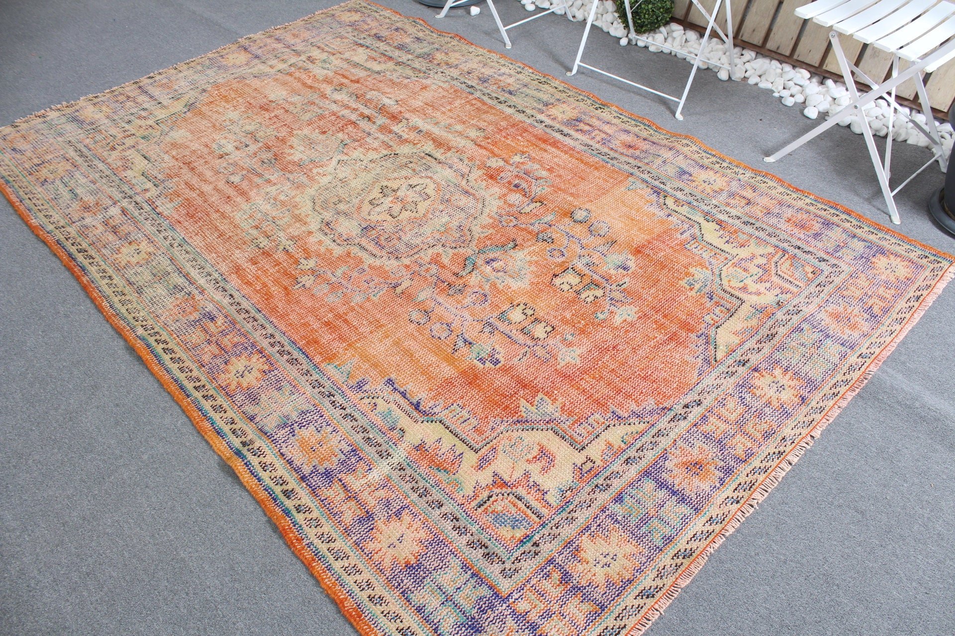 Vintage Halı, Oturma Odası Halısı, Salon Halısı, 5.4x8.4 ft Büyük Halılar, Turuncu Oryantal Halılar, Türk Halısı, Oushak Halıları, Sanat Halıları, Oryantal Halı