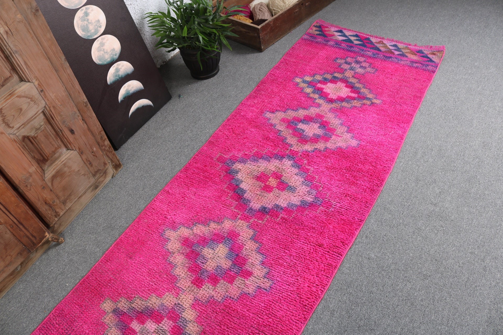 Vintage Halı, 2.5x11.5 ft Runner Halı, Türk Halıları, Düz Dokuma Halılar, Pembe Ev Dekor Halıları, Vintage Runner Halı, Koridor Halıları, Yer Halısı