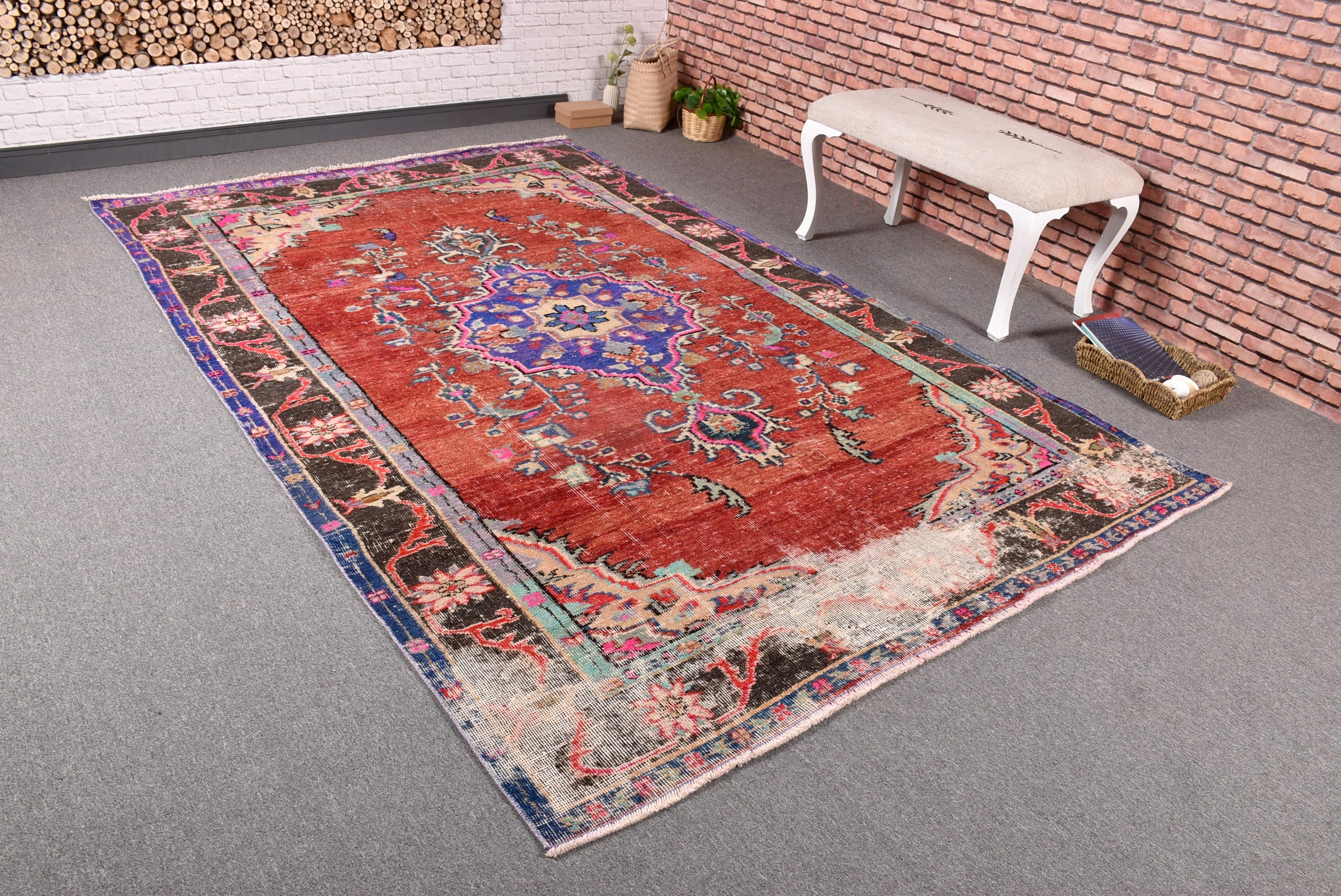 Salon Rug, Vintage Rug, Turkish Rugs, 5.9x9.3 ft Large Rug, Vintage Decor Rug, Red Neutral Rug, Neutral Rugs, Bedroom Rug