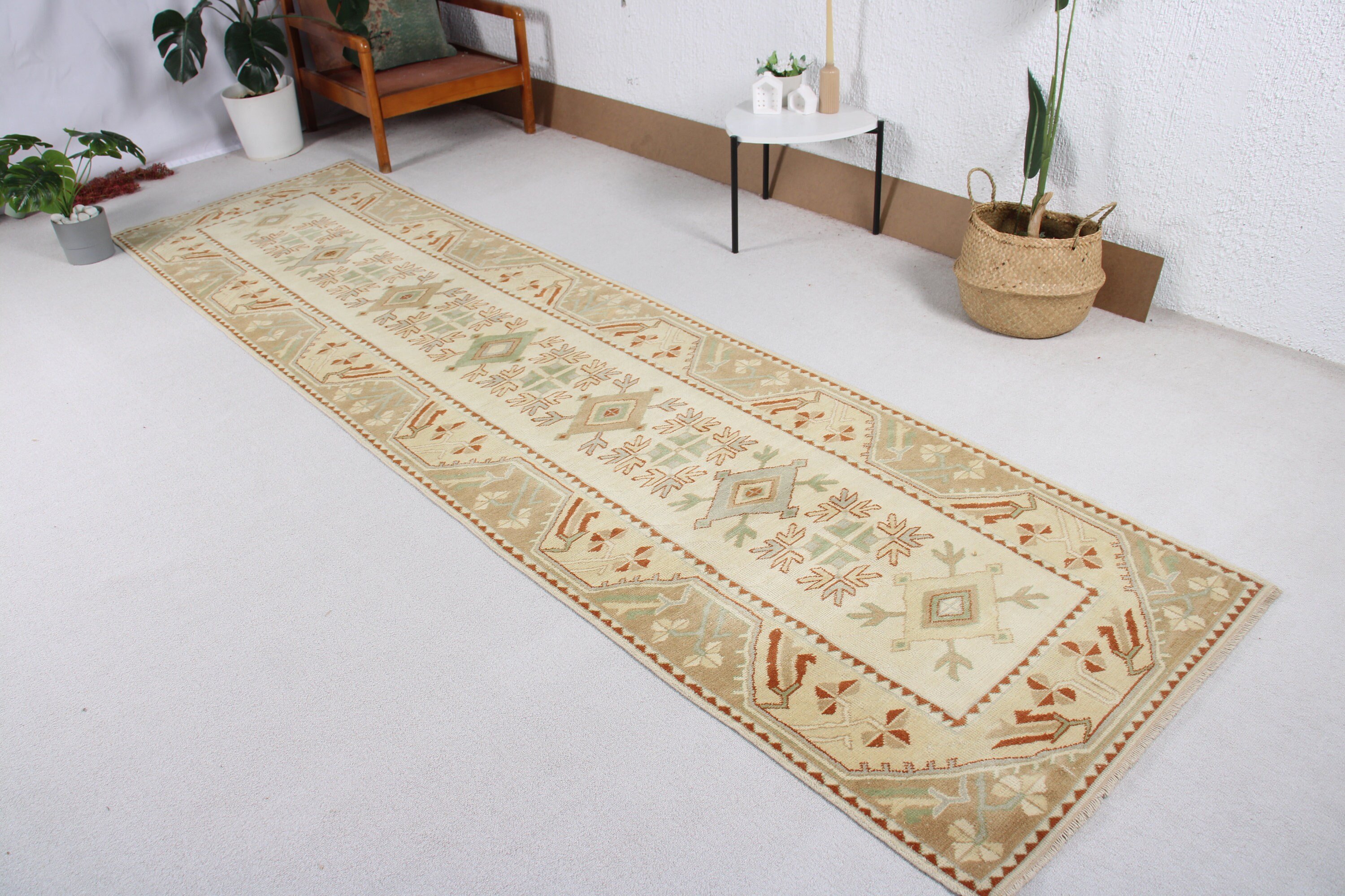 Bej El Dokuma Halılar, Ev Dekorasyonu Halısı, Koridor Halıları, 3x11.5 ft Runner Halısı, Türk Halıları, Vintage Runner Halıları, Oushak Halısı, Vintage Halı