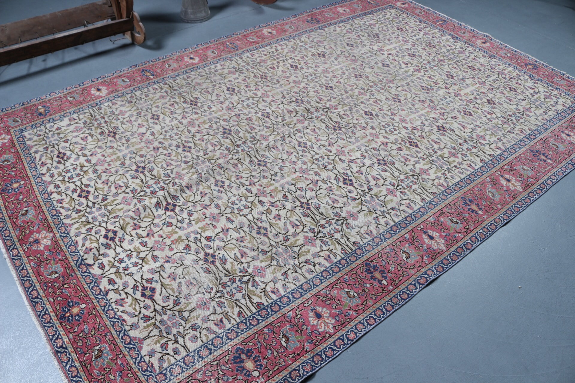 Vintage Halı, Oushak Halı, Fas Halısı, Oturma Odası Halısı, Bej Antika Halı, Salon Halısı, 6.5x9.8 ft Büyük Halı, Türk Halısı, Salon Halıları