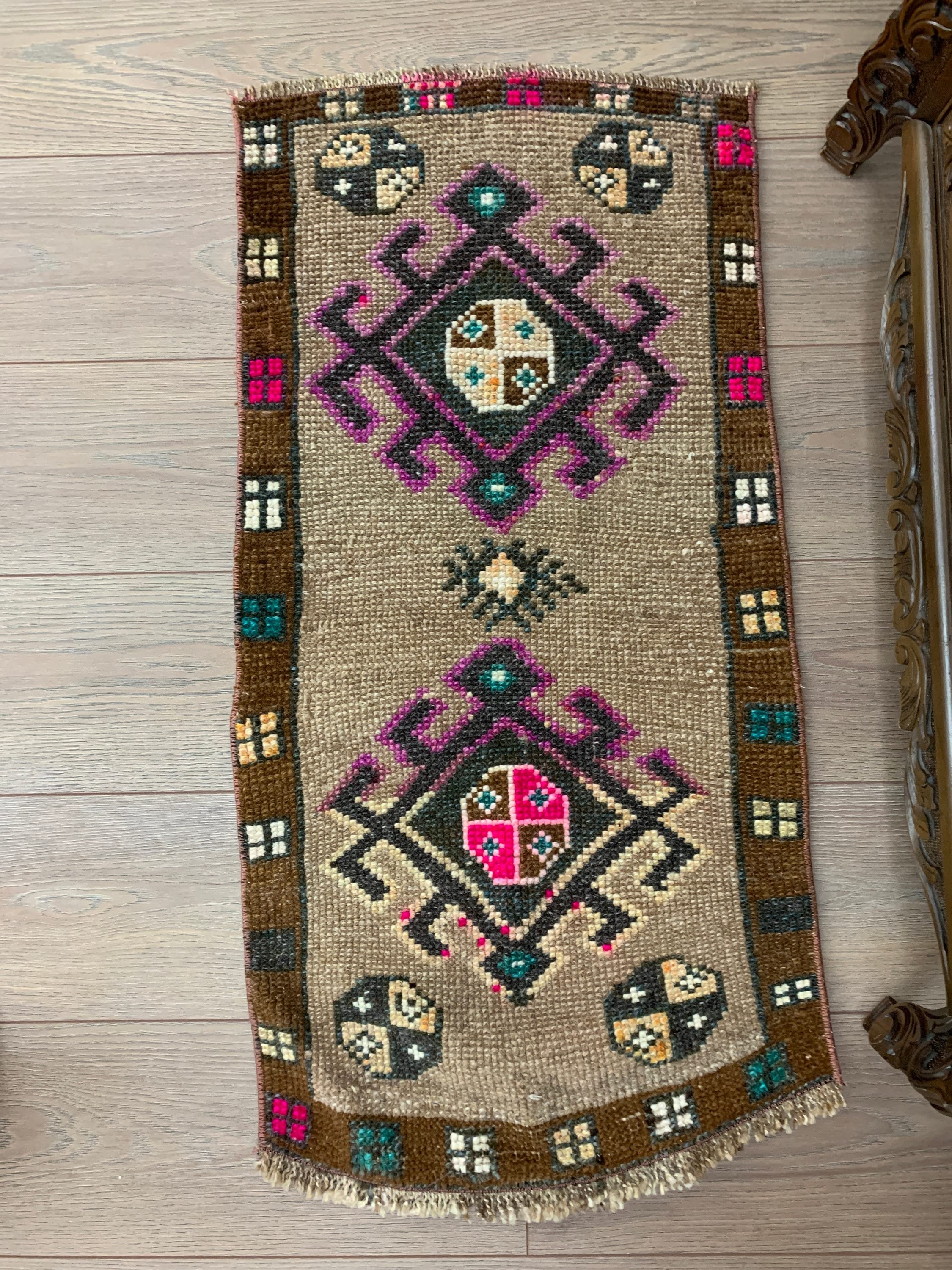 Vintage Halı, Yer Halısı, Ev Dekor Halısı, Kahverengi 1.6x3.3 ft Küçük Halılar, Düz Dokuma Halı, Kapı Paspası Halıları, Türk Halısı, Çocuk Halısı