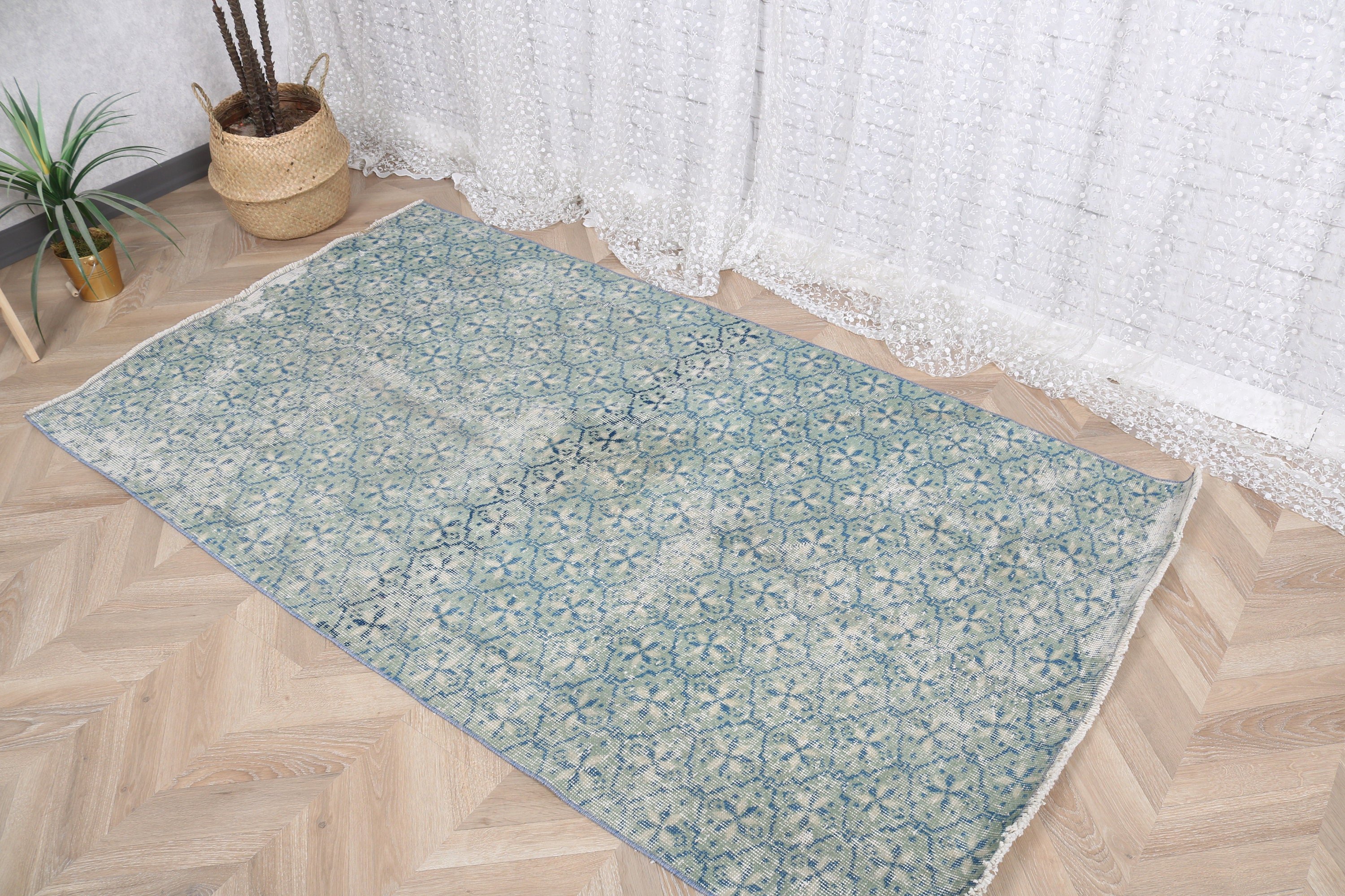 Kabile Halıları, Türk Halıları, Oushak Halısı, 3,7x6,5 ft Alan Halısı, Vintage Halı, Yemek Odası Halısı, Yer Halıları, Yeşil Yatak Odası Halısı, Geometrik Halılar