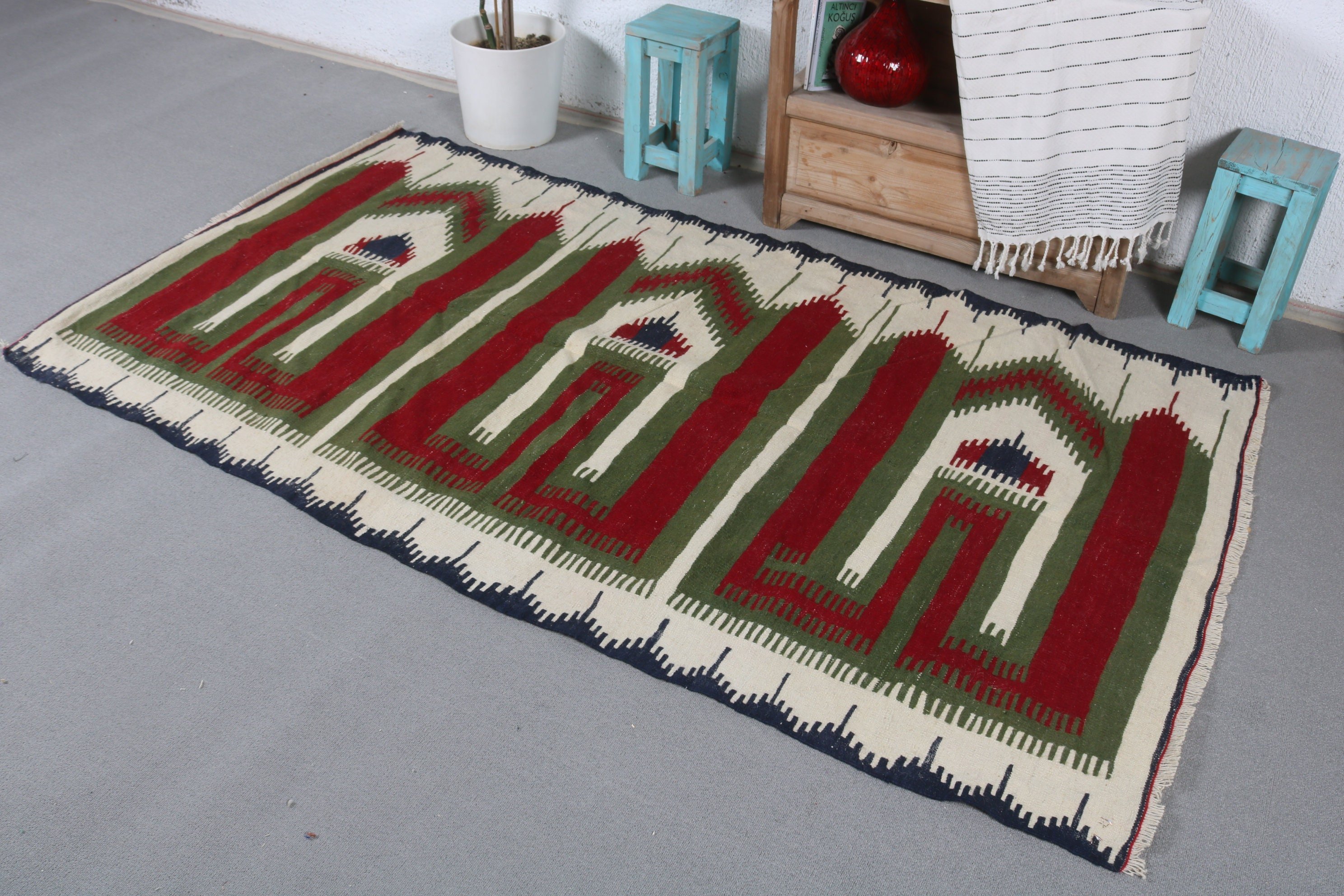 Red Wool Rug, Turkish Rugs, Indoor Rug, Kitchen Rug, Rugs for Floor, Kilim, 4x7.1 ft Area Rug, Anatolian Rug, Vintage Rug