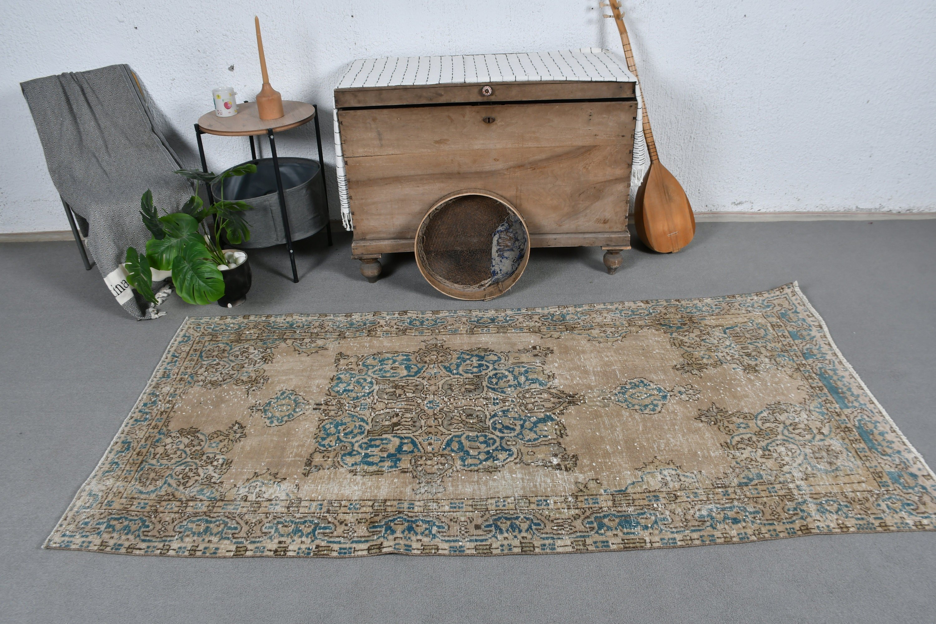 Oushak Halı, Boho Halı, Vintage Halı, Ev Dekorasyonu Halıları, Bej Antika Halı, Türk Halısı, 3.7x7.2 ft Alan Halıları, Yer Halıları, Oturma Odası Halıları