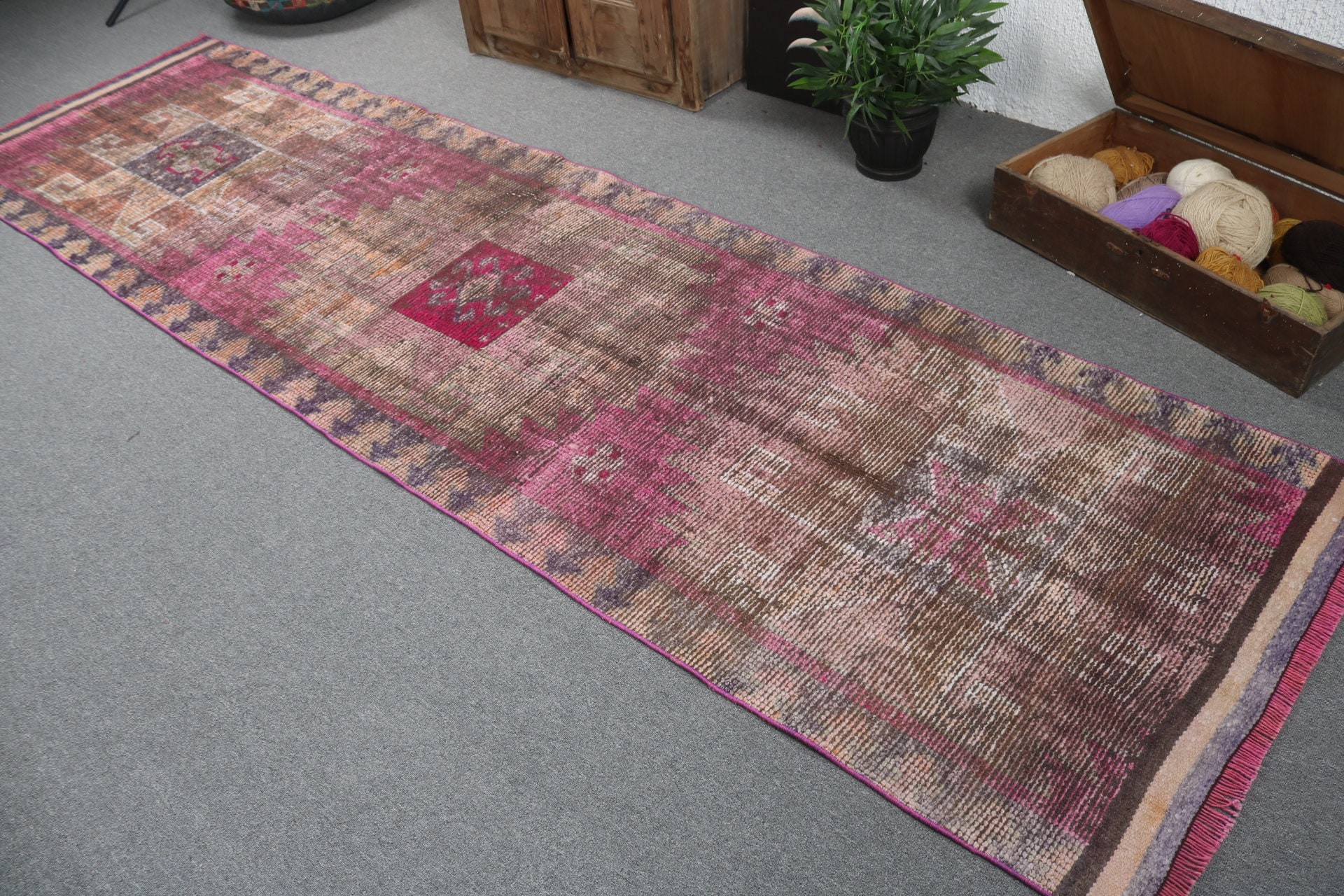 3.2x11.8 ft Runner Halı, Koridor Halıları, Vintage Halılar, Açıklama Halıları, Türk Halıları, Antika Halı, Pembe Yün Halı, Boho Halı, Uzun Yolluk Halıları