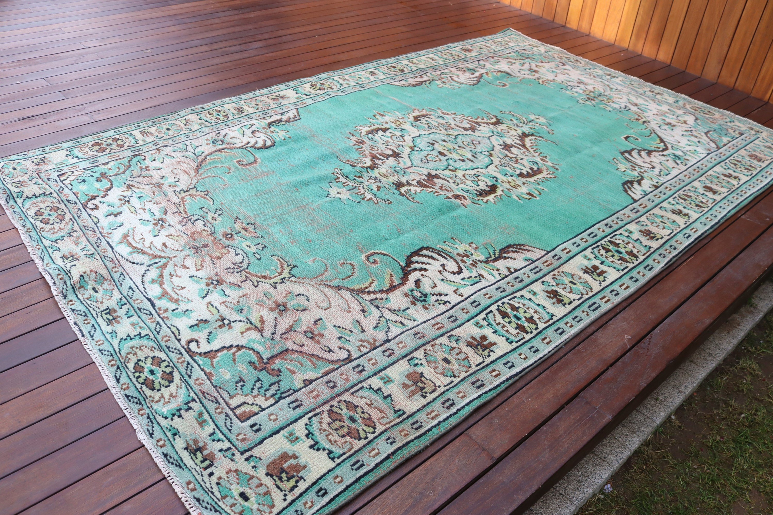 Vintage Halılar, 5.7x9.2 ft Büyük Halı, Büyük Boho Halı, Yeşil Yün Halı, Geometrik Halı, Ev Dekor Halısı, Türk Halıları, Oturma Odası Halıları