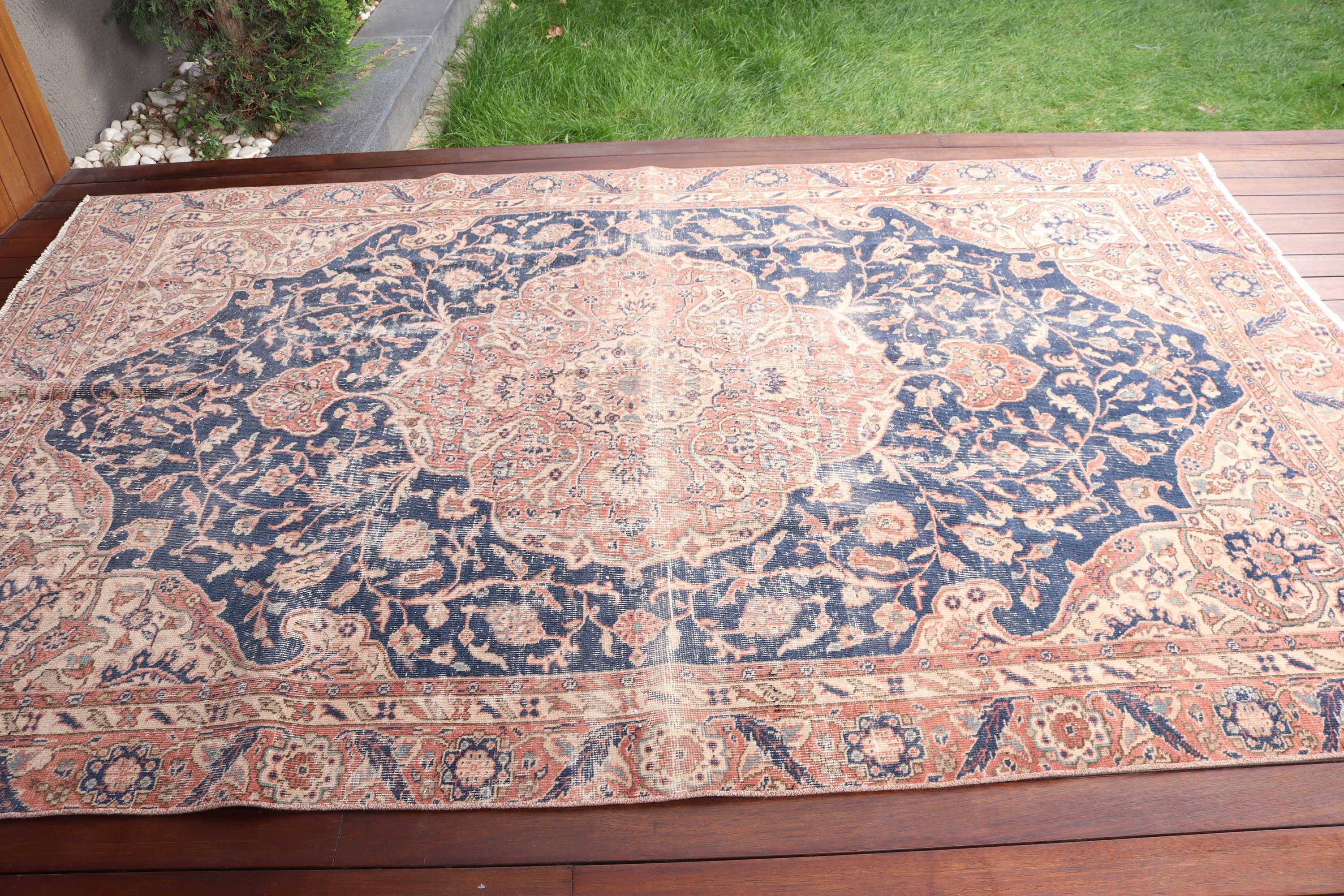 Yemek Odası Halıları, Türk Halısı, 5.8x9.4 ft Büyük Halılar, Geometrik Halı, El Dokuma Halı, Vintage Halı, Mavi Yün Halılar, Yatak Odası Halısı, Etnik Halı