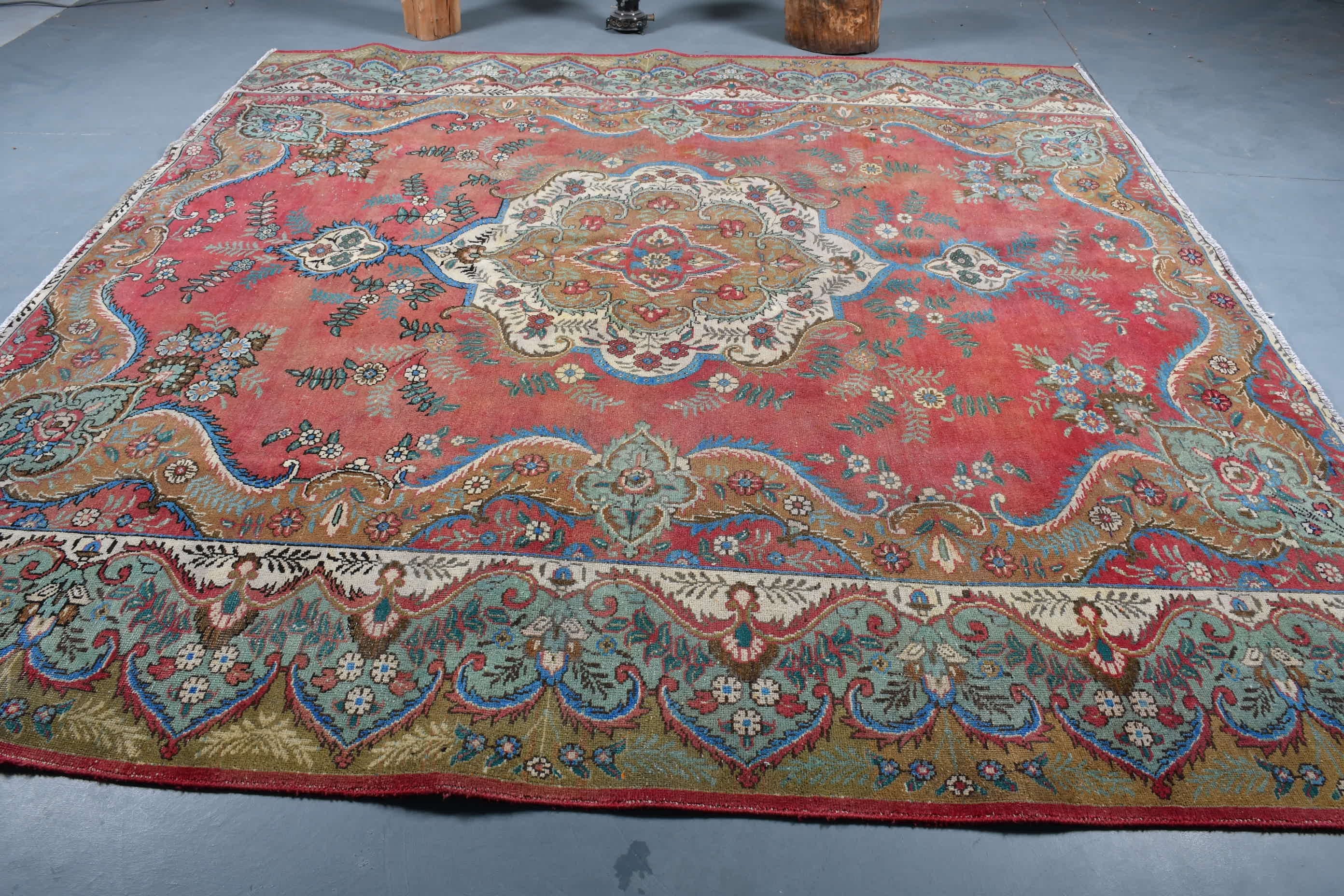 Antique Rugs, Pale Rug, Moroccan Rugs, Red Oushak Rug, Vintage Rugs, 9.9x9.9 ft Oversize Rug, Dining Room Rug, Turkish Rug, Living Room Rug