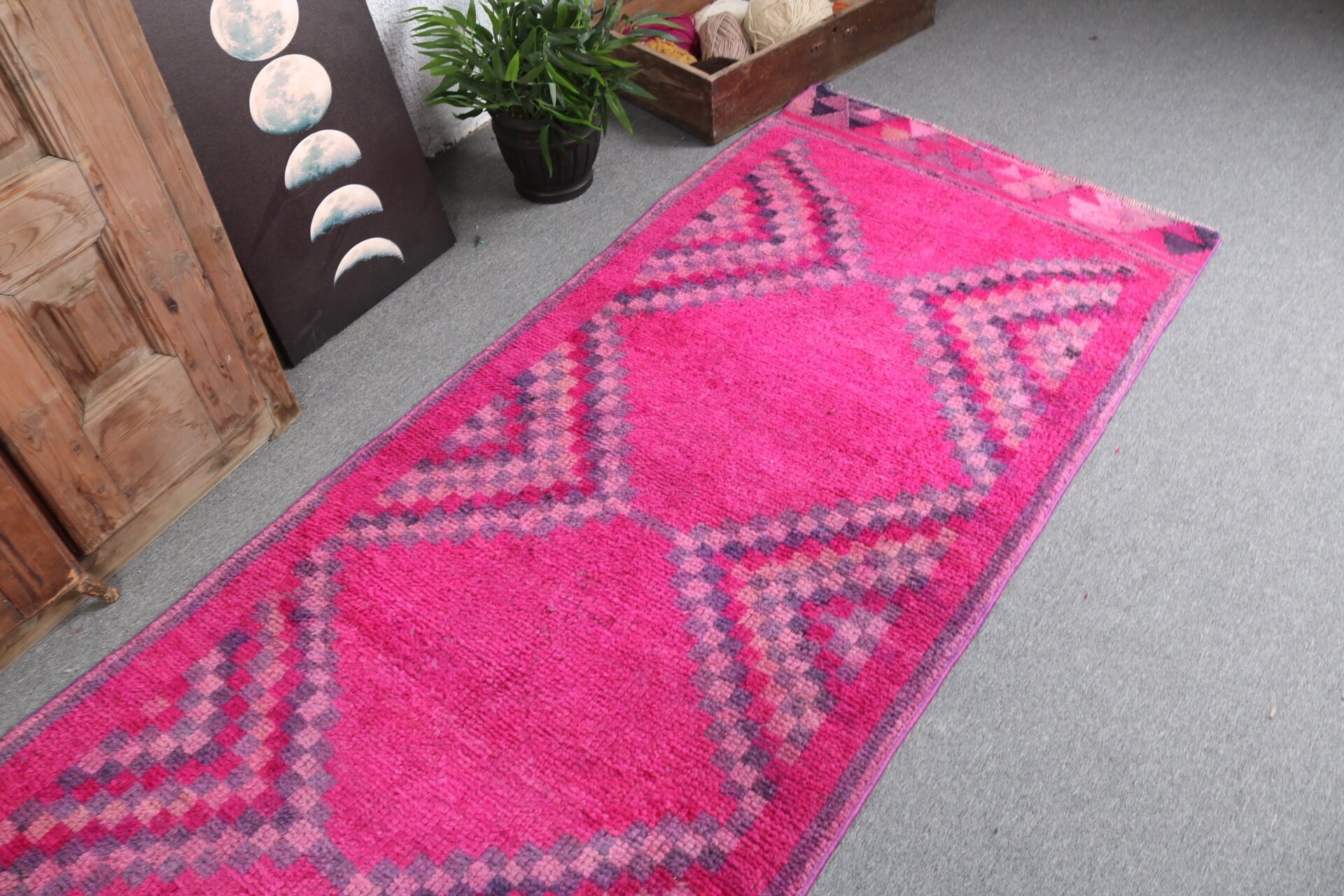 Pembe Lüks Halı, Vintage Yolluk Halıları, 3.1x9.7 ft Yolluk Halıları, Organik Halı, Türk Halıları, Ev Dekorasyonu Halıları, Vintage Halı, Antika Halılar